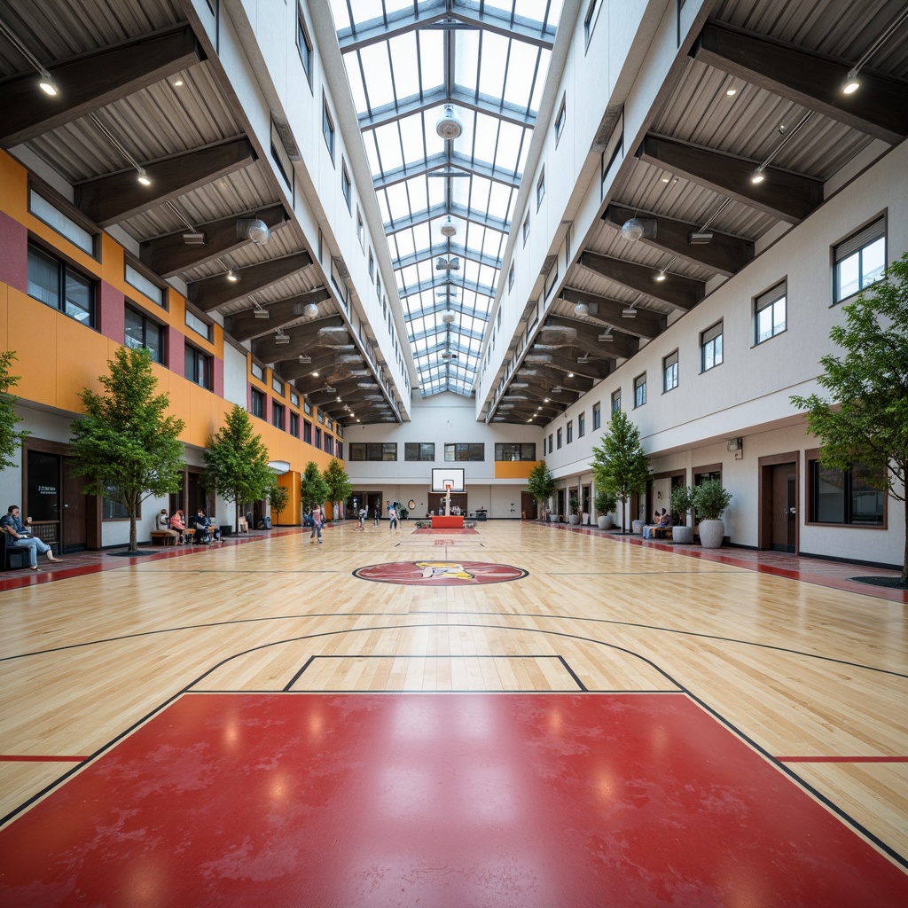 Prompt: Modern high school building, educational institution, polished concrete floors, durable epoxy coatings, vibrant color schemes, dynamic patterns, athletic flooring, shock-absorbing surfaces, basketball courts, volleyball zones, weightlifting areas, commercial-grade carpeting, acoustic underlayment, sound-absorbing materials, minimalist aesthetic, industrial chic design, natural light illumination, overhead skylights, LED lighting systems, 3/4 composition, shallow depth of field, realistic textures.