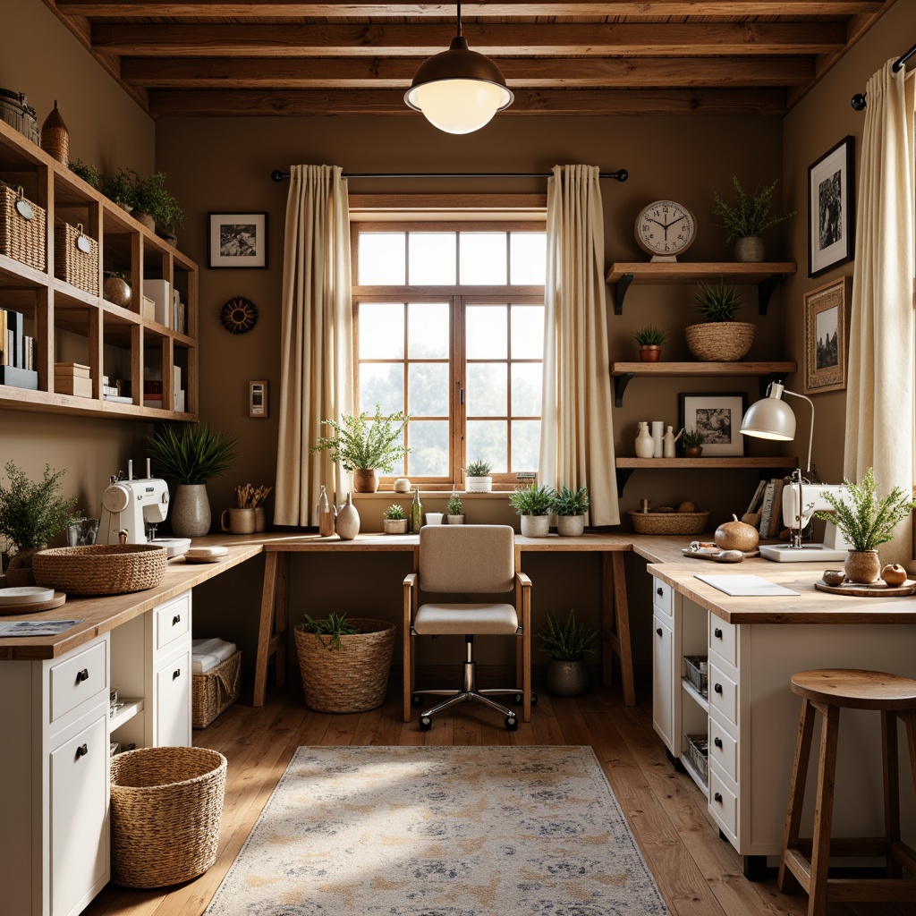 Prompt: Cozy craft room, warm coffee tones, earthy brown walls, creamy white furniture, rich wood accents, soft beige textiles, vintage sewing machines, wooden workbenches, metal storage bins, natural woven baskets, eclectic decorative objects, warm overhead lighting, shallow depth of field, 1/1 composition, realistic textures, ambient occlusion.