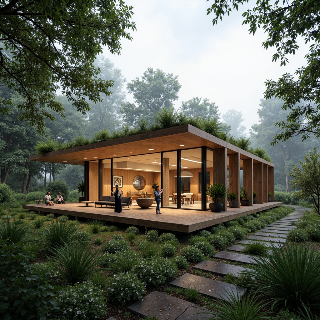 Prompt: Minimalist pavilion, natural wood accents, bamboo roofing, green walls, living trees, eco-friendly materials, recycled metal frames, large windows, sliding glass doors, open spaces, airy atmosphere, soft warm lighting, shallow depth of field, 3/4 composition, panoramic view, realistic textures, ambient occlusion, serene forest surroundings, misty morning, gentle breeze, subtle shadows.