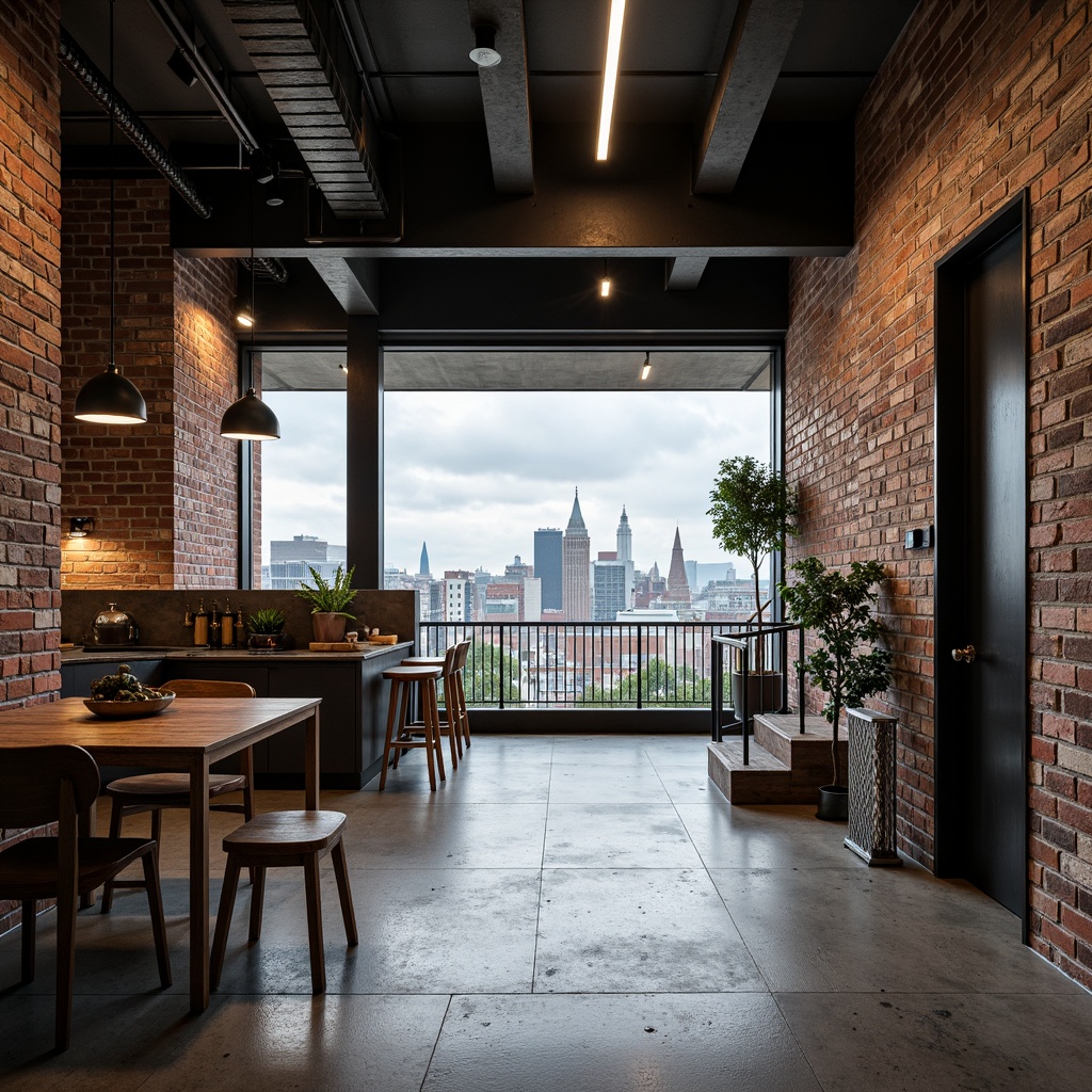 Prompt: Exposed brick walls, metal beams, industrial-style lighting fixtures, reclaimed wood accents, urban loft atmosphere, distressed concrete floors, minimalist decor, functional metal staircases, exposed ductwork, modern industrial architecture, edgy cityscape views, cloudy grey skies, dramatic shadows, high contrast lighting, 3/4 composition, shallow depth of field, gritty textures, realistic materials.