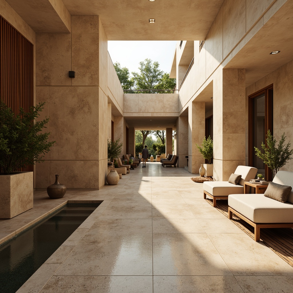 Prompt: Warm beige walls, polished wood accents, comfortable vinyl flooring, soft cushioned seating, natural stone columns, earthy tone planters, calming water features, abundant natural light, clerestory windows, minimalist metal decor, soft warm lighting, shallow depth of field, 3/4 composition, realistic textures, ambient occlusion.