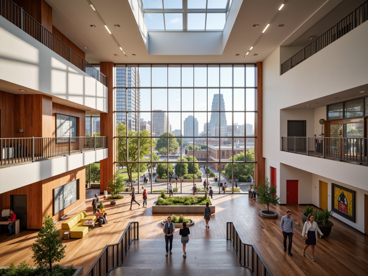 Prompt: Vibrant cultural center, open atrium, natural light, minimalist decor, polished wooden floors, sleek metal railings, grand staircase, flexible seating areas, interactive exhibits, digital displays, community gathering spaces, public art installations, floor-to-ceiling windows, urban cityscape views, warm afternoon lighting, shallow depth of field, 1/1 composition, symmetrical architecture, modernist style, bold color accents, dynamic textures, ambient occlusion.