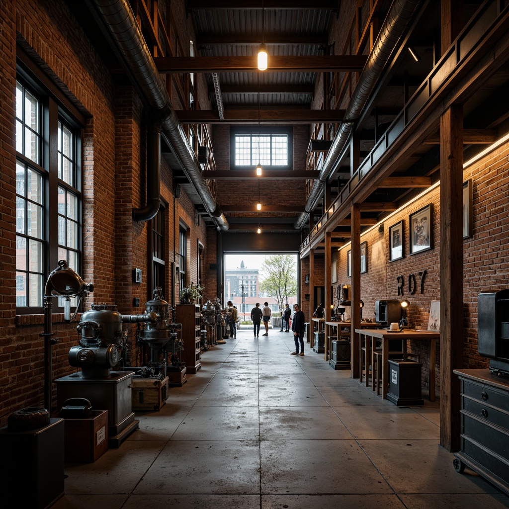 Prompt: Exposed brick walls, metallic beams, reclaimed wood accents, industrial-style lighting fixtures, distressed concrete floors, vintage manufacturing equipment, urban cityscape, gritty alleyway, dramatic high ceilings, moody atmospheric lighting, cinematic composition, low-key color palette, rough-textured materials, functional pipes and ductwork, mechanical machinery parts, Edison bulbs, steel-framed windows, modern minimalist decor, eclectic mix of old and new elements.