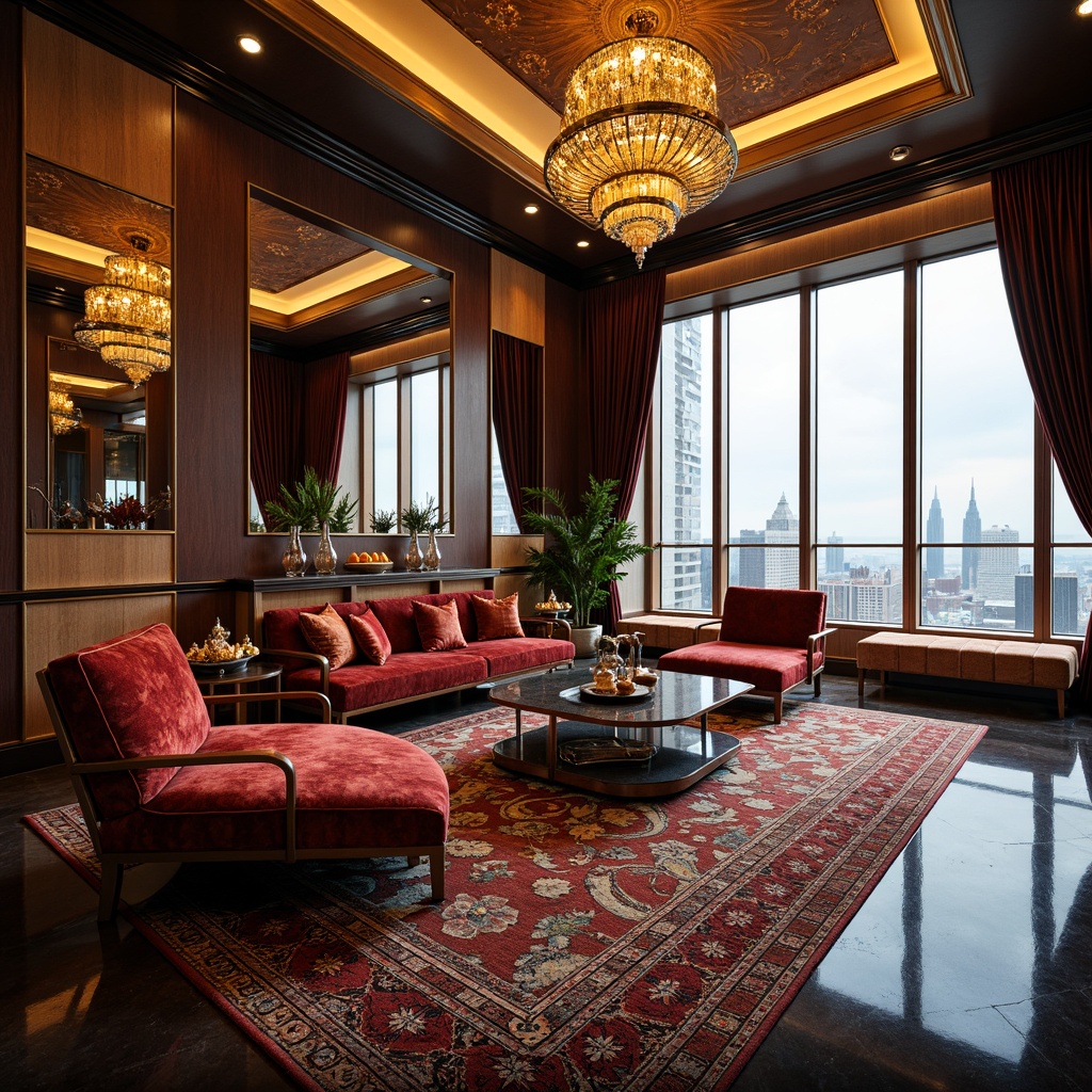 Prompt: Luxurious penthouse, opulent furniture, velvet drapes, metallic accents, bold geometric patterns, rich jewel-toned colors, glamorous chandeliers, lavish rugs, high-gloss finishes, ornate mirrors, sleek chrome legs, sumptuous upholstery, Art Deco-inspired motifs, intricate inlays, exotic wood veneers, sophisticated ambiance, dramatic city views, panoramic windows, warm golden lighting, 1/1 composition, realistic reflections, ambient occlusion.