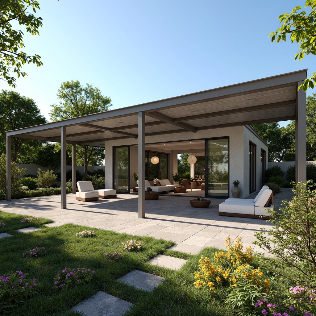 Prompt: Minimalist pavilion, sleek metal framework, transparent glass roof, large sliding doors, open floor plan, reflective surfaces, polished concrete floors, natural stone walls, lush greenery, vibrant flowers, serene ambiance, soft warm lighting, shallow depth of field, 1/1 composition, panoramic view, realistic textures, ambient occlusion, bright sunny day, clear blue sky, scenic outdoor views, surrounding trees, subtle shading systems.