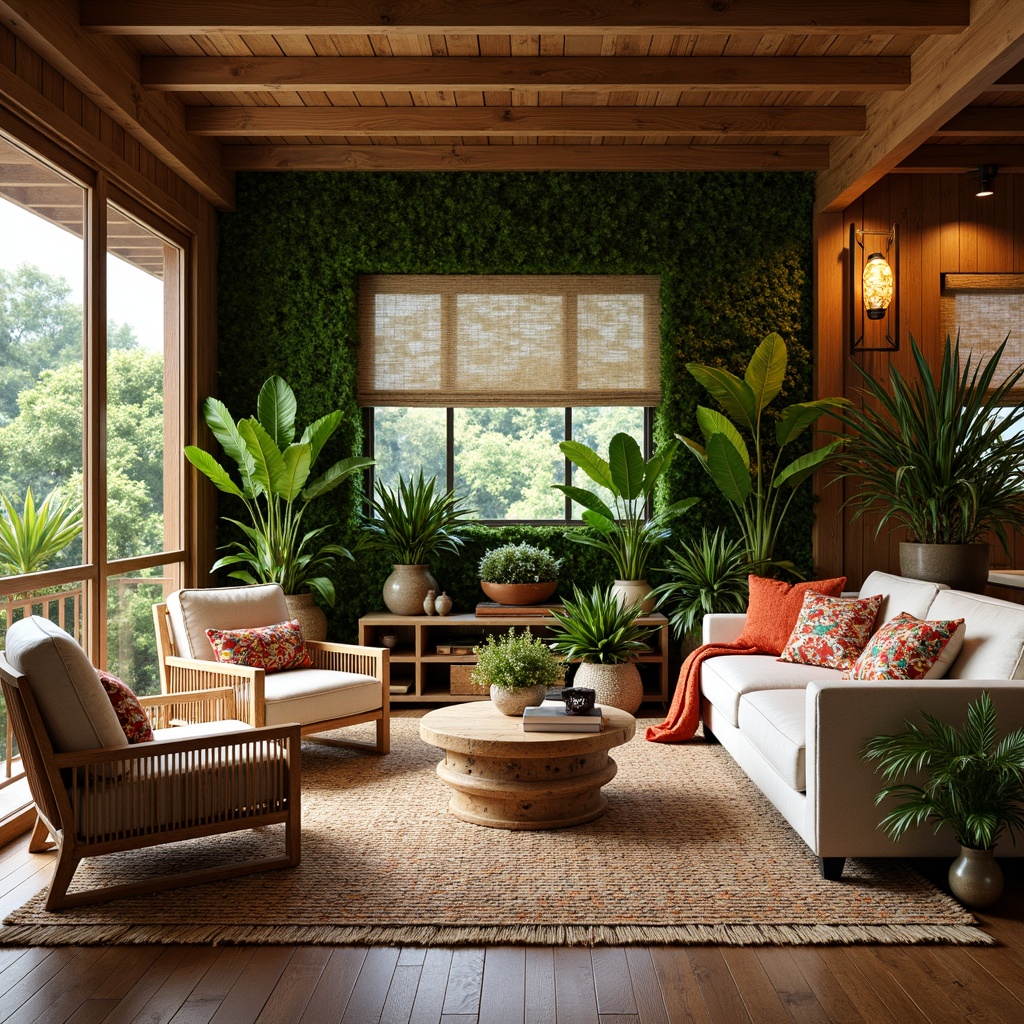 Prompt: Vibrant tropical living room, lush greenery walls, reclaimed wood accents, natural fiber rugs, rattan furniture, woven bamboo chairs, colorful tribal textiles, exotic patterned throw pillows, floor-to-ceiling windows, sliding glass doors, warm golden lighting, shallow depth of field, 1/1 composition, relaxed cozy atmosphere, ambient occlusion, realistic plant simulations.