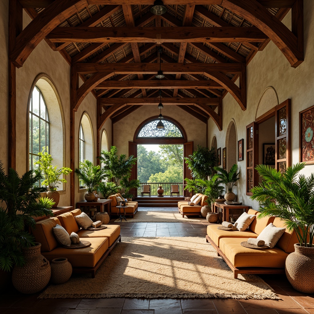 Prompt: Tropical monastery interior, warm natural light, lush greenery, wooden accents, stone walls, vaulted ceilings, stained glass windows, intricate carvings, ornate furnishings, rich textiles, woven baskets, natural fiber rugs, earthy tones, soft warm colors, cozy atmosphere, tranquil ambiance, subtle shadows, high contrast lighting, 1/1 composition, realistic textures, ambient occlusion.