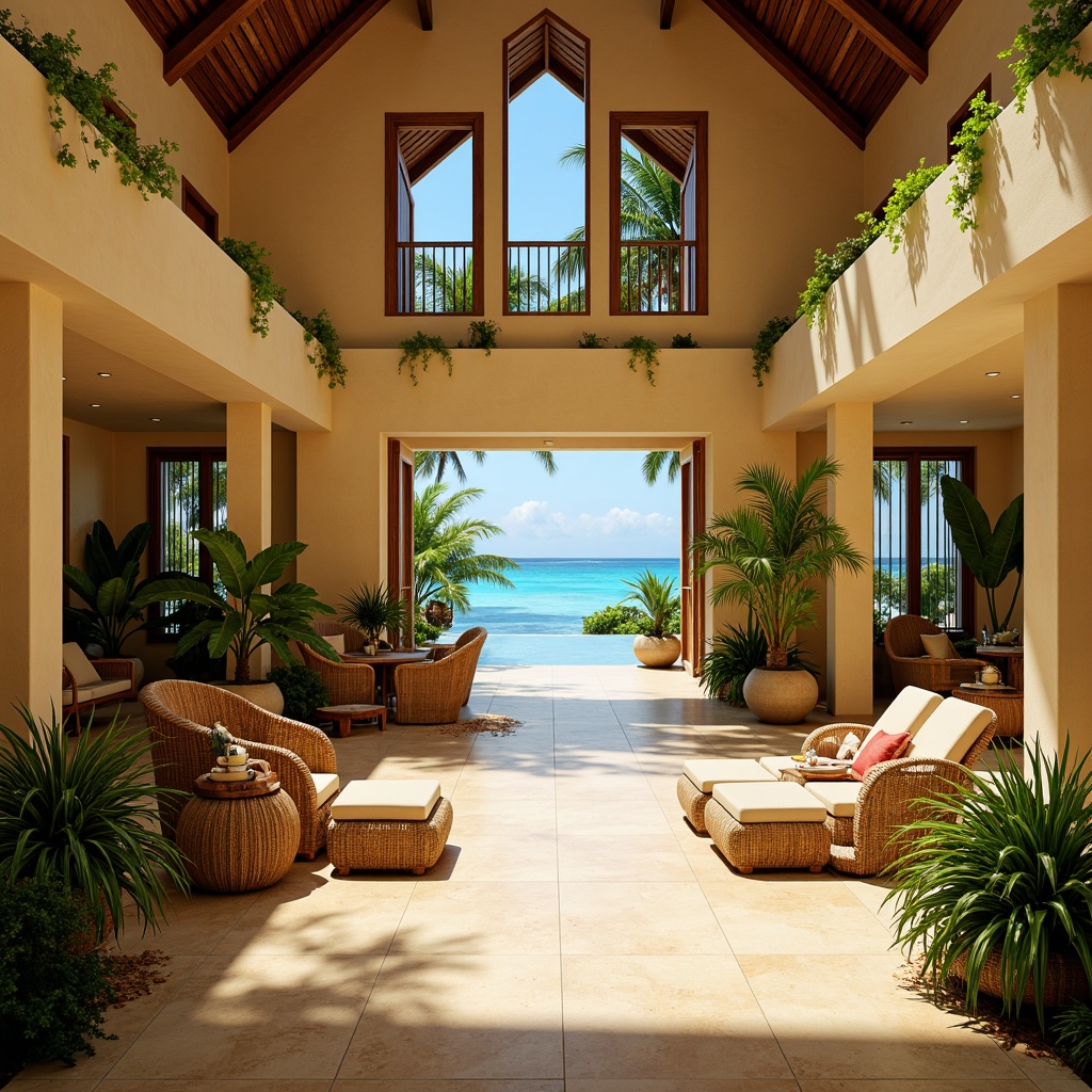 Prompt: Vibrant tropical hotel lobby, warm sandy beige walls, lush greenery, exotic floral patterns, natural wood accents, wicker furniture, bright coral reefs, turquoise ocean views, sunny day, soft warm lighting, shallow depth of field, 3/4 composition, panoramic view, realistic textures, ambient occlusion.