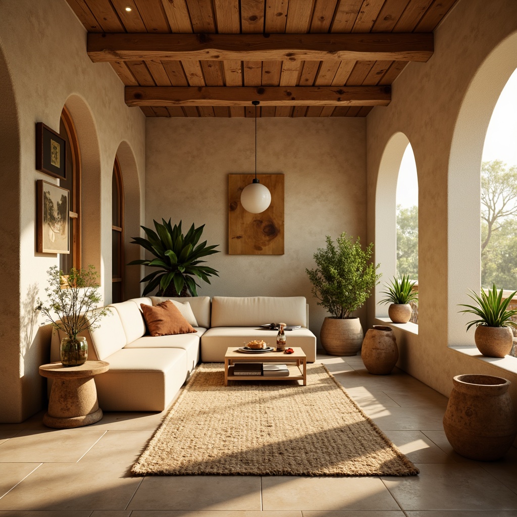 Prompt: Calming interior atmosphere, warm beige walls, rich wood accents, soft creamy furniture, plush area rugs, natural stone flooring, earthy terracotta pots, vibrant greenery, warm golden lighting, shallow depth of field, 3/4 composition, realistic textures, ambient occlusion.