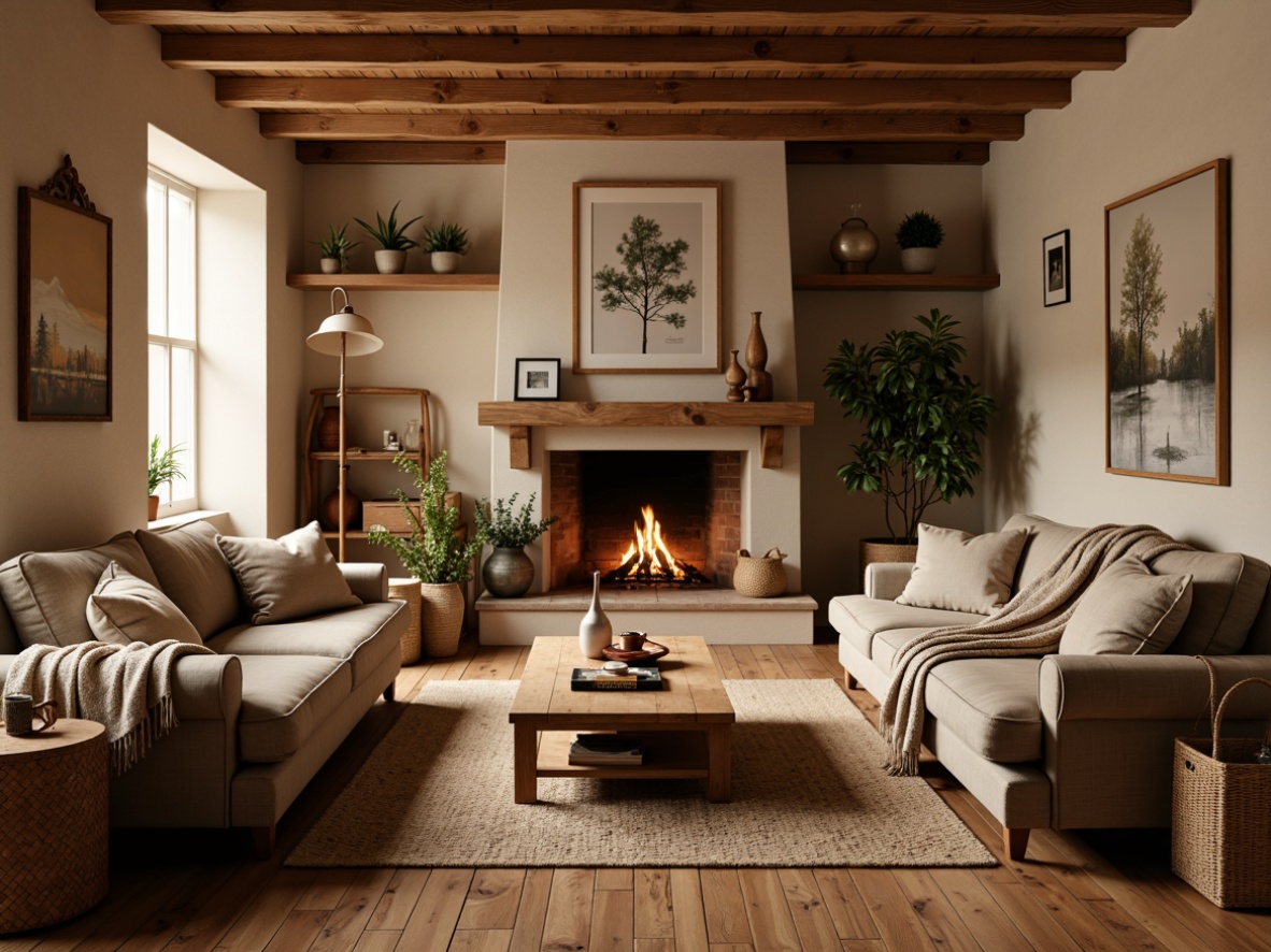 Prompt: Cozy living room, plush throw blankets, soft velvet sofas, warm beige walls, rustic wooden floors, crackling fireplace, comfortable cushions, woven baskets, natural fiber rugs, earthy tone colors, golden lighting, 1/1 composition, shallow depth of field, realistic textures, ambient occlusion.