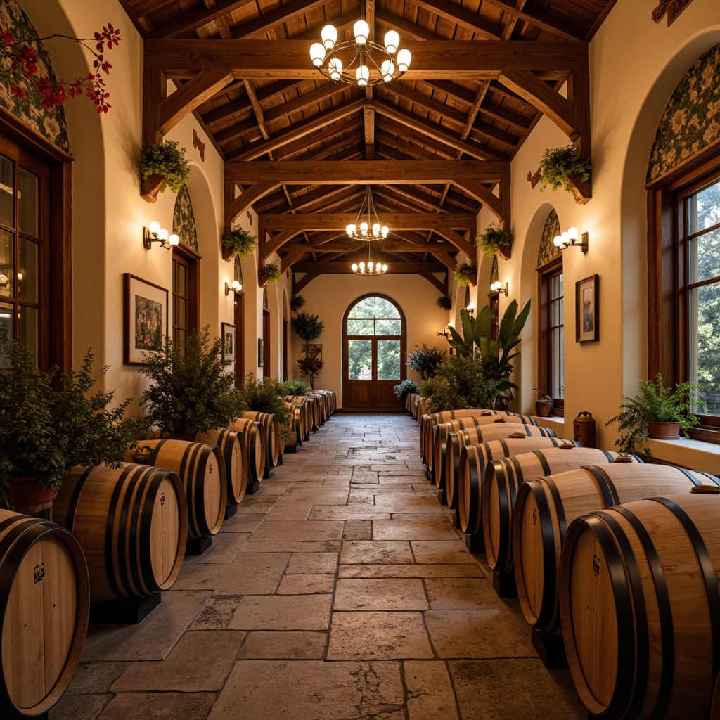 Prompt: Rustic winery interior, earthy tones, warm beige walls, rich wood accents, vintage wine barrels, dimmable lighting, soft warm glow, cozy atmosphere, natural stone floors, reclaimed wooden beams, elegant chandeliers, luxurious velvet fabrics, earthy reds, muted greens, creamy whites, golden yellows, warm neutrals, intimate ambiance, soft focus, shallow depth of field, 2/3 composition, realistic textures, ambient occlusion.