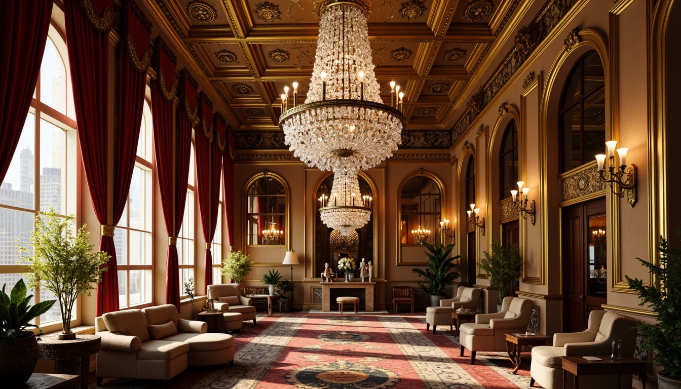 Prompt: Ornate chandeliers, grand crystal drops, gilded metalwork, intricate carvings, rich velvet drapes, lavish gold leaf accents, ornamental mirrors, dramatic candelabras, majestic archways, opulent furnishings, luxurious textiles, warm golden lighting, soft diffused illumination, subtle shadowing, 1/1 composition, realistic reflections, ambient occlusion.