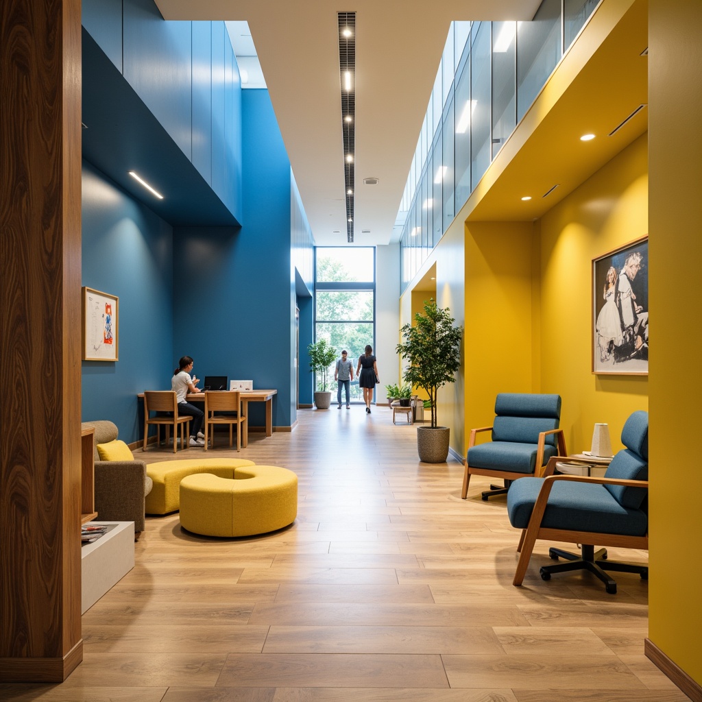 Prompt: Vibrant university hallways, bold accent walls, warm beige floors, rich wood tones, stimulating color contrasts, energetic blue hues, inspiring yellow accents, calm neutral backgrounds, sophisticated glass partitions, modern minimalist furniture, sleek metal fixtures, abundant natural light, softbox lighting, shallow depth of field, 1/2 composition, realistic textures, ambient occlusion.