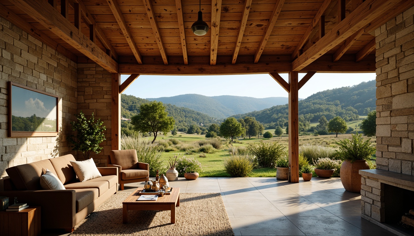 Prompt: Rustic farmhouse, wooden beams, distressed wood textures, natural stone walls, earthy color palette, vintage decorations, cozy living spaces, plush furniture, warm lighting, soft shadows, shallow depth of field, 1/1 composition, realistic wood grain, ambient occlusion, rural landscape, rolling hills, green pastures, wildflowers, sunny day, clear blue sky.