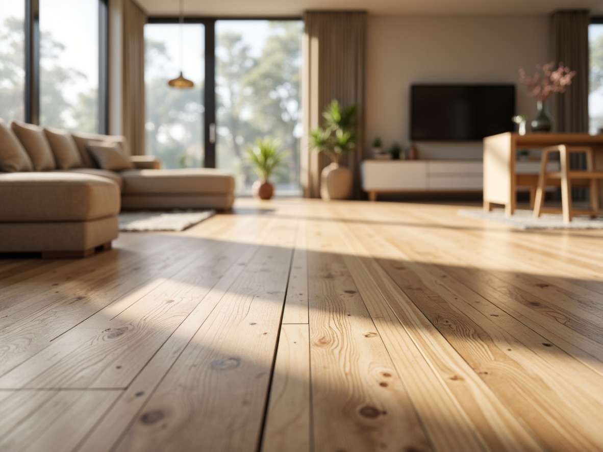 Prompt: Modern living room, sleek wooden flooring, warm beige tones, glossy finish, subtle grain texture, natural oak material, minimalist furniture, neutral color palette, large windows, abundant natural light, soft warm atmosphere, shallow depth of field, 3/4 composition, realistic wood textures, ambient occlusion.