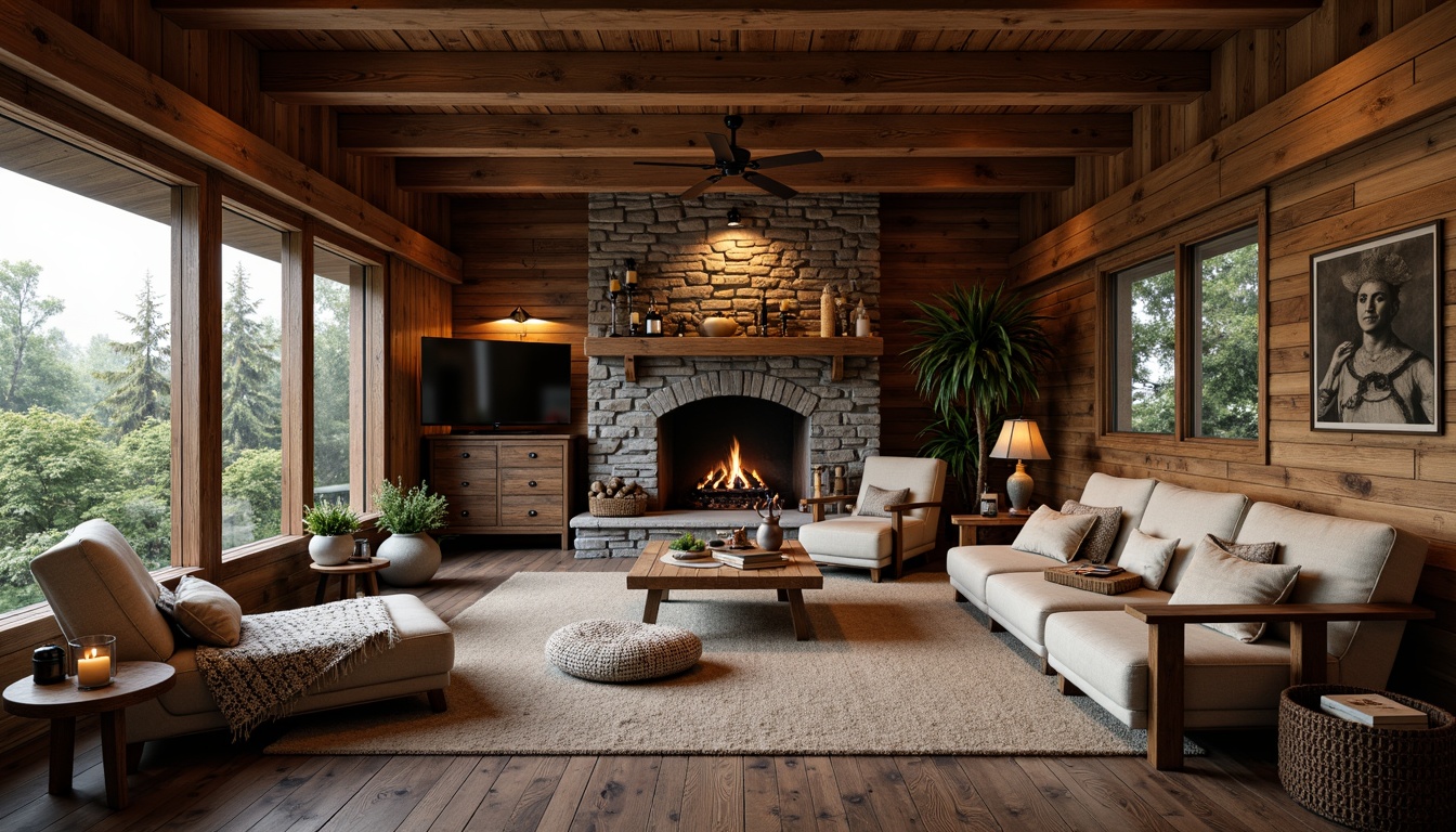 Prompt: Rustic cabin, wooden accents, natural textures, earthy tones, vintage decor, distressed wood, metal fixtures, lantern-style lighting, plush throw blankets, woven baskets, stone fireplace, cozy nooks, warm candlelight, shallow depth of field, 3/4 composition, panoramic view, realistic wood grains, ambient occlusion.