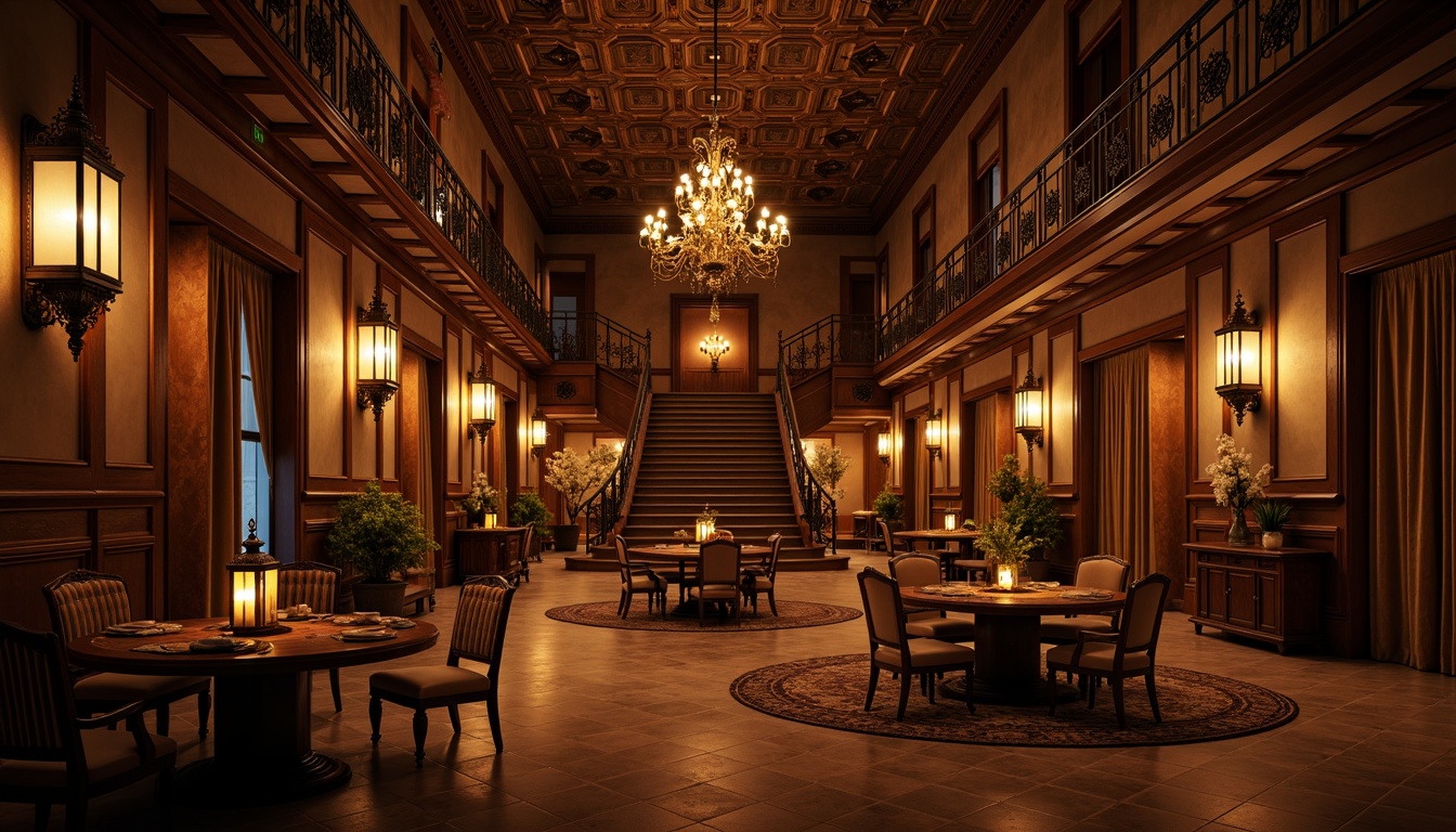 Prompt: Warm lanterns, soft candlelight, intricately carved wooden fixtures, ornate metalwork, subtle warm tones, rich textiles, lavish furnishings, opulent chandeliers, grand staircases, majestic high ceilings, regal archways, refined moldings, elegant sconces, subtle shadowing, atmospheric glow, 1/2 composition, realistic reflections, ambient occlusion.