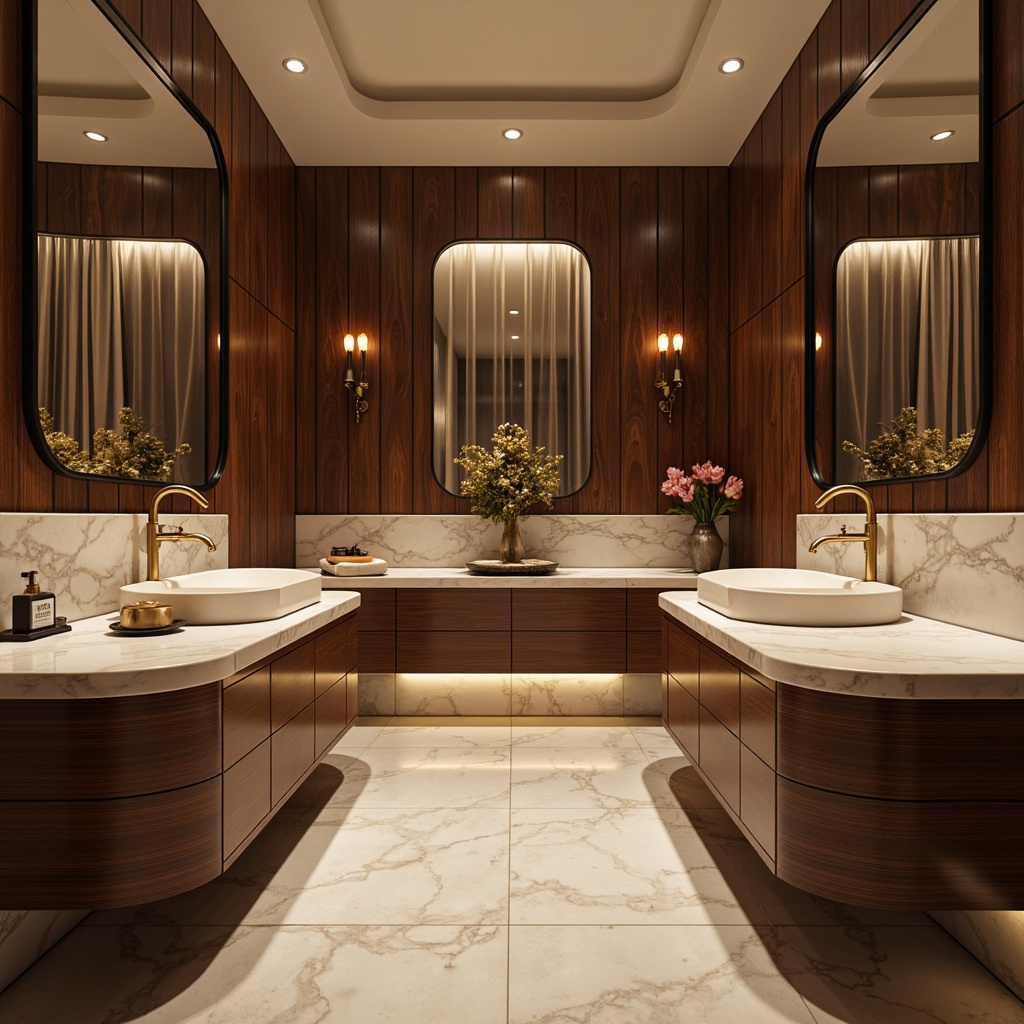 Prompt: Sleek powder room, marble countertops, chrome fixtures, minimalist decor, soft warm lighting, shallow depth of field, 3/4 composition, elegant wall mirrors, luxurious velvet drapes, rich wood cabinetry, ornate gold hardware, Streamline Moderne style, futuristic vibe, high-gloss finishes, metallic accents, ambient occlusion, subtle textures.