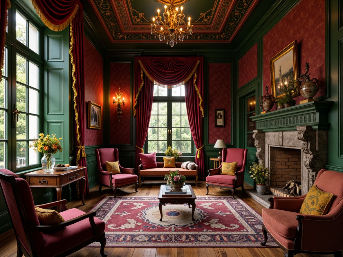 Prompt: Luxurious Victorian-style interior, rich jewel-toned walls, velvety dark reds, emerald greens, sapphire blues, warm golden yellows, intricate patterns, ornate furnishings, heavy drapery, tassel-trimmed fabrics, carved wooden accents, gilded frames, crystal chandeliers, soft warm lighting, shallow depth of field, 3/4 composition, realistic textures, ambient occlusion.