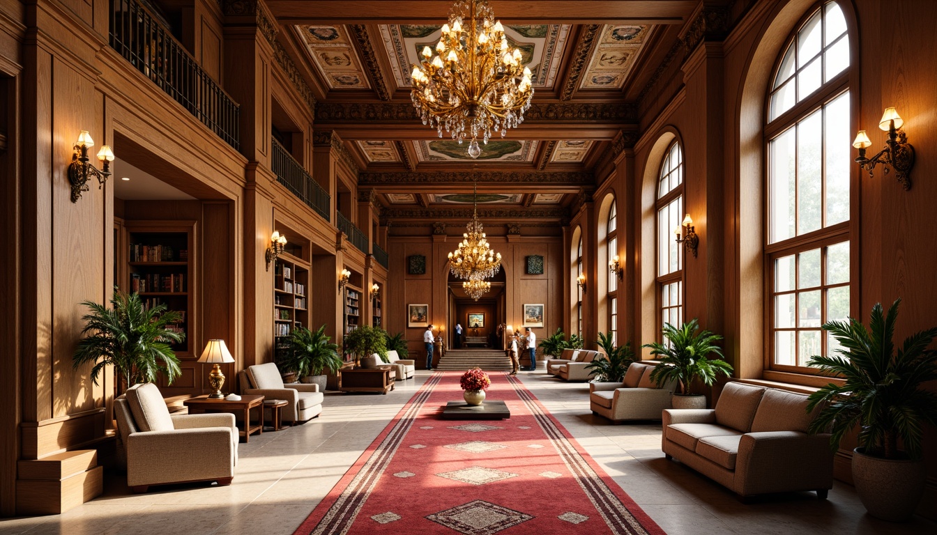 Prompt: Grand student hall, ornate columns, intricate carvings, lavish chandeliers, rich wood paneling, plush carpets, regal staircases, majestic archways, vibrant fresco ceilings, stately furniture, warm golden lighting, shallow depth of field, 2/3 composition, symmetrical layout, realistic textures, ambient occlusion.