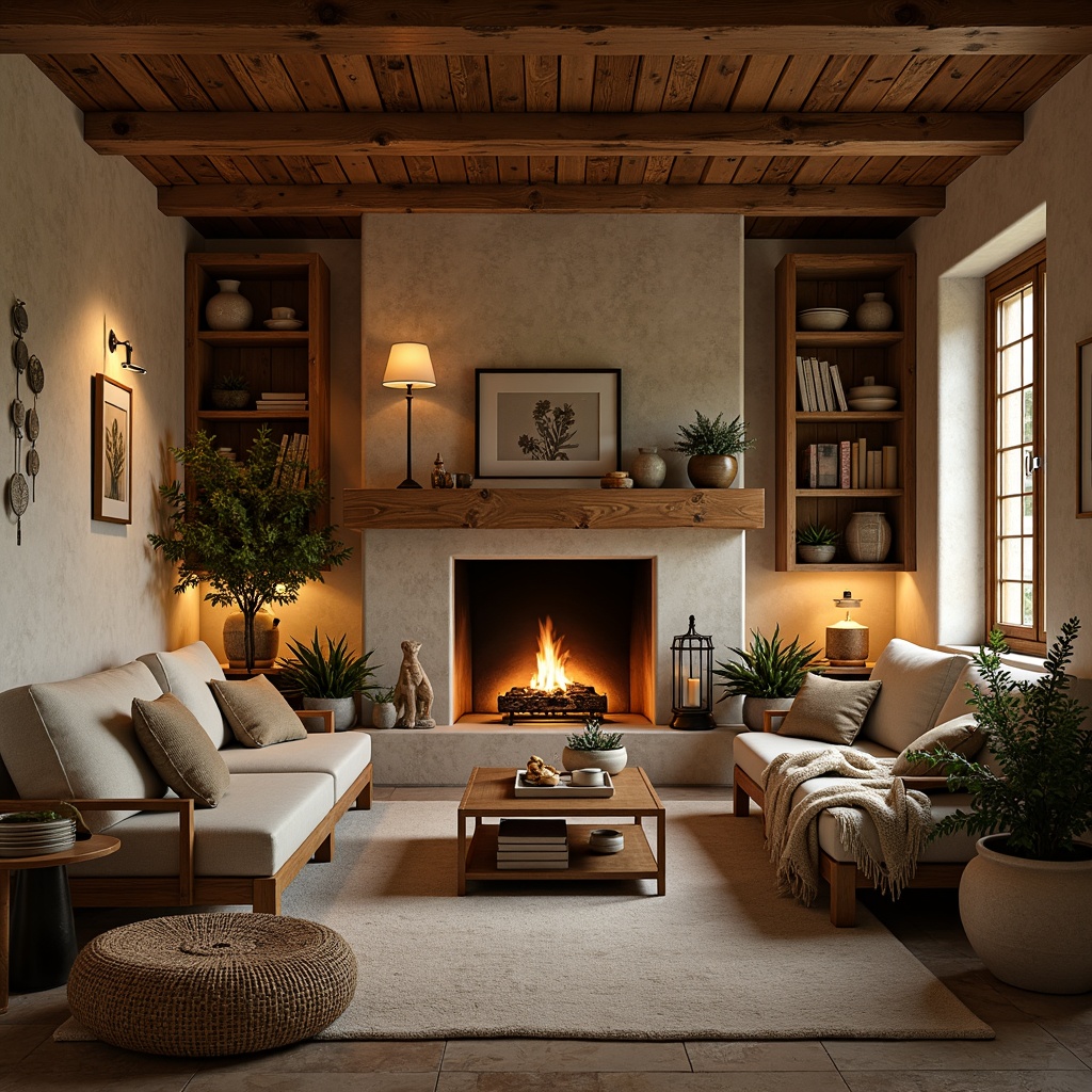 Prompt: Cozy cabin, rustic wooden walls, vintage distressed finishes, plush throw blankets, soft candlelight, crackling fireplace, warm beige tones, natural stone flooring, woven wicker furniture, earthy terracotta pots, lush greenery, organic shapes, tactile fabrics, inviting atmosphere, shallow depth of field, 1/1 composition, warm golden lighting, realistic textures, ambient occlusion.