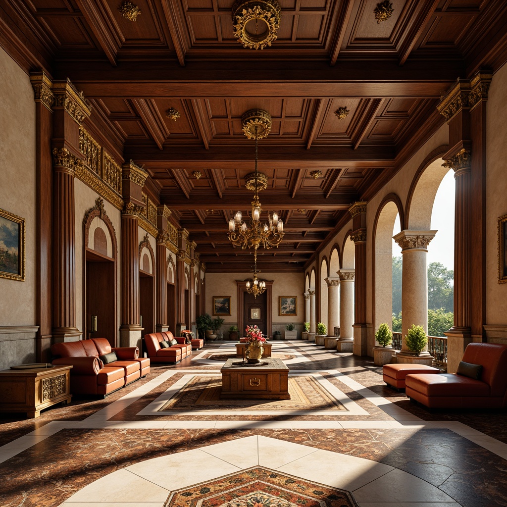 Prompt: Renaissance-inspired palace, ornate furnishings, lavish decorations, rich wood tones, polished marble floors, intricate inlays, gold accents, warm earthy colors, soft warm lighting, shallow depth of field, 3/4 composition, panoramic view, realistic textures, ambient occlusion.