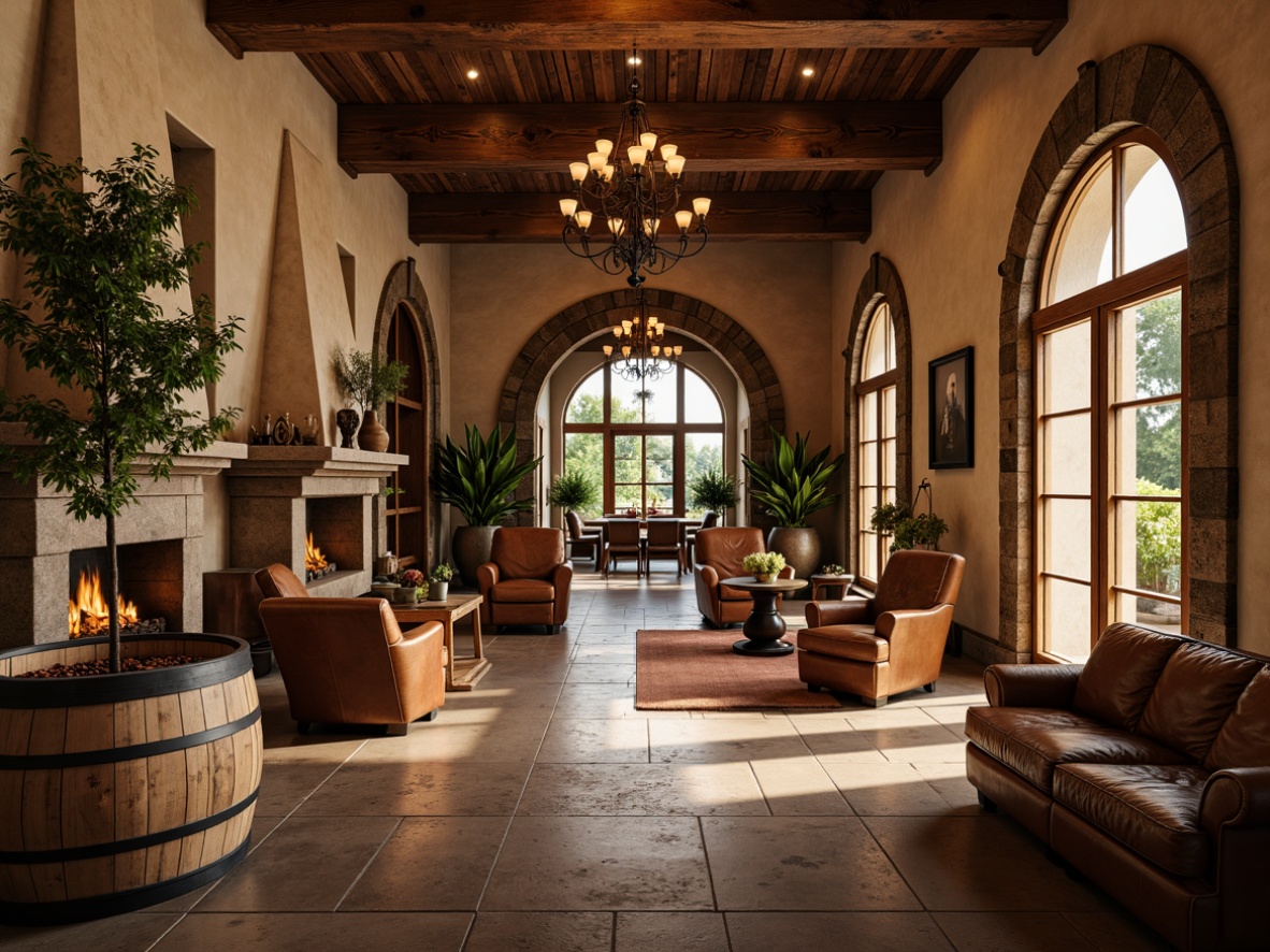 Prompt: Rustic winery interior, earthy tones, warm beige walls, rich walnut wood accents, vintage metal decor, soft golden lighting, comfortable leather furnishings, natural stone flooring, wooden barrels, wine cellar atmosphere, cozy fireplaces, lush greenery, elegant chandeliers, subtle texture overlays, ambient occlusion, realistic reflections, 1/2 composition, harmonious color balance.