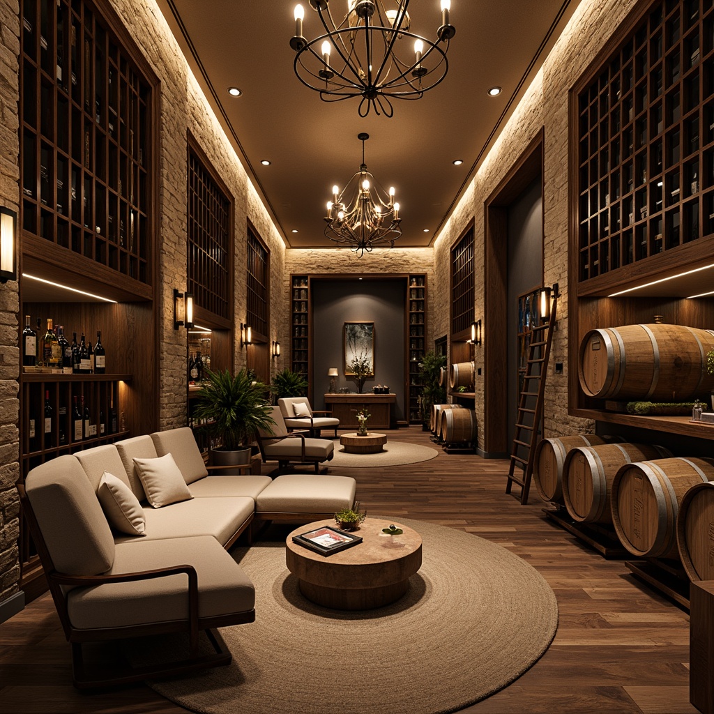 Prompt: Luxurious wine cellar, rustic stone walls, dark wood shelving, ambient dim lighting, soft warm glow, LED strip lights, floor-to-ceiling glass racks, elegant metal ladders, rich wooden flooring, intimate seating areas, dramatic spotlighting, subtle backlighting, sophisticated chandeliers, warm beige tones, vintage wine barrels, decorative wine crates, ornate metalwork, lavish furnishings, refined atmosphere, mysterious shadows, 1/1 composition, shallow depth of field, realistic textures.