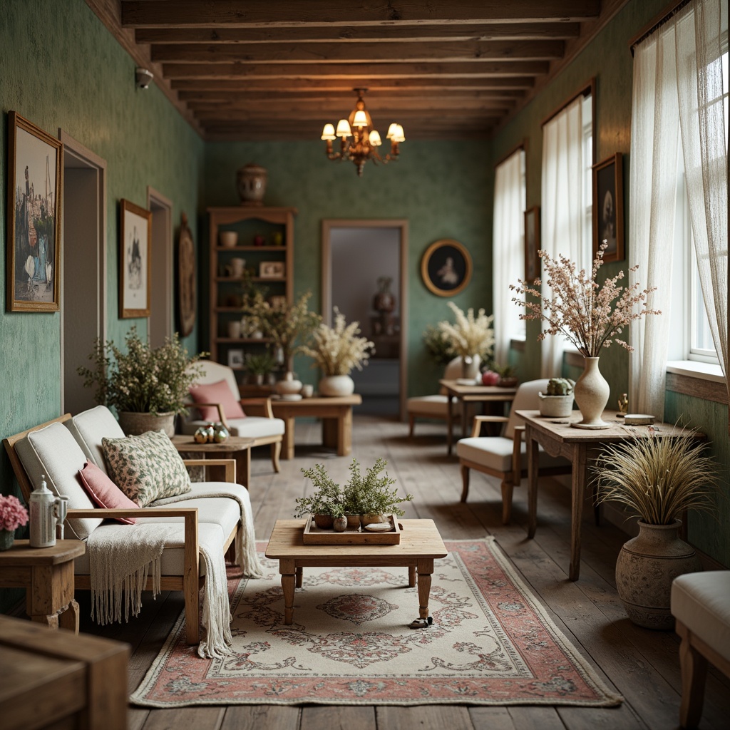 Prompt: Distressed wooden furniture, soft pastel hues, vintage accessories, lace draping, ornate metal details, rustic wooden floors, floral patterns, antique decor pieces, worn velvet fabrics, natural textiles, distressed finishes, romantic ambiance, warm candlelight, shallow depth of field, 1/1 composition, intimate setting, nostalgic atmosphere, subtle color palette.