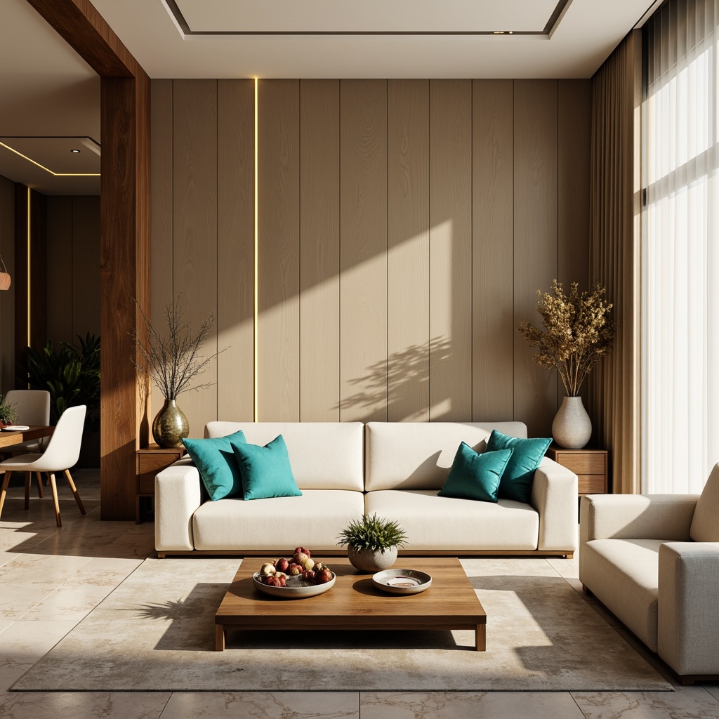 Prompt: Elegant living room, soft warm beige walls, rich dark wood furniture, plush cream-colored sofas, vibrant turquoise accent pillows, metallic gold lighting fixtures, natural stone flooring, modern minimalist decor, abundant natural light, airy atmosphere, shallow depth of field, 1/1 composition, realistic textures, ambient occlusion.