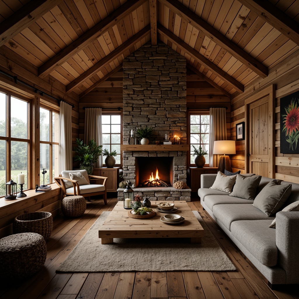 Prompt: Rustic cabin, wooden accents, natural textures, earthy tones, vintage decor, distressed finishes, comfortable seating, plush throw blankets, stone fireplace, lantern lighting, cozy atmosphere, warm color palette, organic shapes, wooden furniture, woven baskets, nature-inspired artwork, soft candlelight, shallow depth of field, 2/3 composition, realistic wood grains.