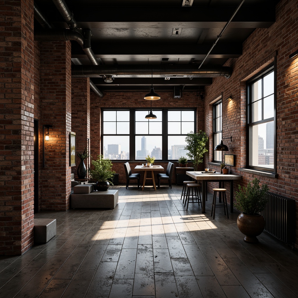 Prompt: Exposed brick walls, metal beams, reclaimed wood flooring, industrial-style lighting fixtures, distressed concrete textures, urban cityscape views, converted warehouse architecture, minimalist decor, functional pipes, vintage manufacturing equipment, metallic color palette, moody atmospheric lighting, cinematic shadows, 3/4 composition, shallow depth of field, gritty realistic render.