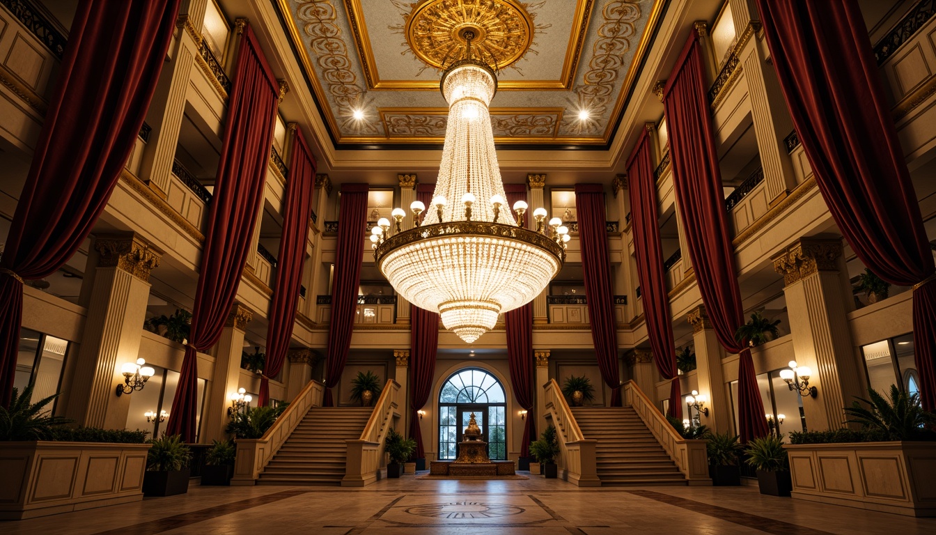 Prompt: Grand chandelier, crystal droplets, ornate metalwork, luxurious fabrics, velvet drapes, gilded accents, marble floors, high ceilings, symmetrical architecture, neoclassical columns, pilasters, archways, grand staircases, sweeping curves, dramatic shadows, warm golden lighting, soft diffused glow, subtle color temperature, realistic textures, ambient occlusion, 1/1 composition, intimate portrait view, shallow depth of field.