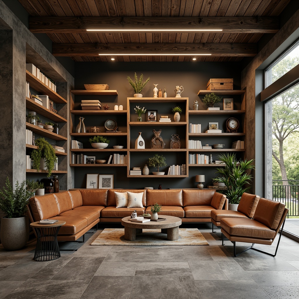 Prompt: Rustic wooden shelves, vintage metal racks, reclaimed wood accents, distressed leather sofas, industrial-style coffee tables, modern minimalist chairs, natural stone flooring, earthy tone color palette, warm ambient lighting, shallow depth of field, 3/4 composition, panoramic view, realistic textures, ambient occlusion.