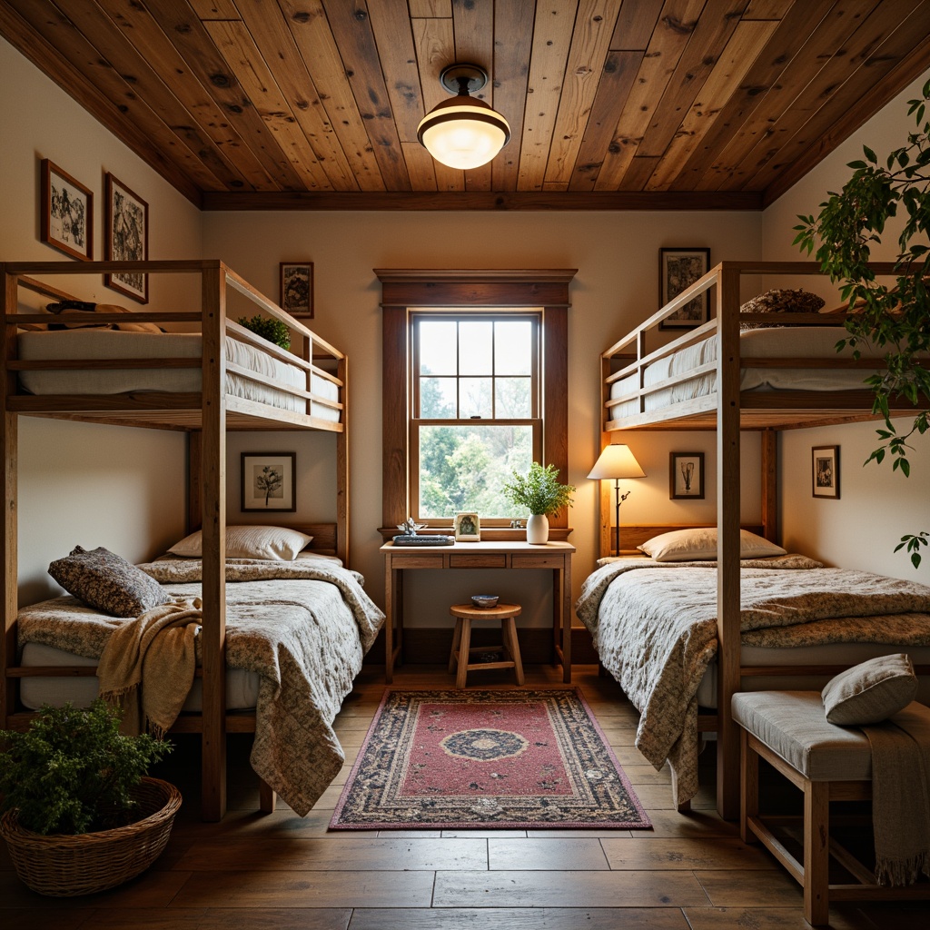 Prompt: Cozy farmhouse-style dorm room, rustic wooden furniture, vintage metal frames, soft plush textiles, patchwork quilts, natural linen fabrics, earthy color palette, warm beige walls, distressed wood accents, traditional country patterns, floral motifs, woven baskets, candlelit ambiance, intimate seating areas, comfortable reading nooks, soft warm lighting, shallow depth of field, 1/1 composition, realistic textures, ambient occlusion.