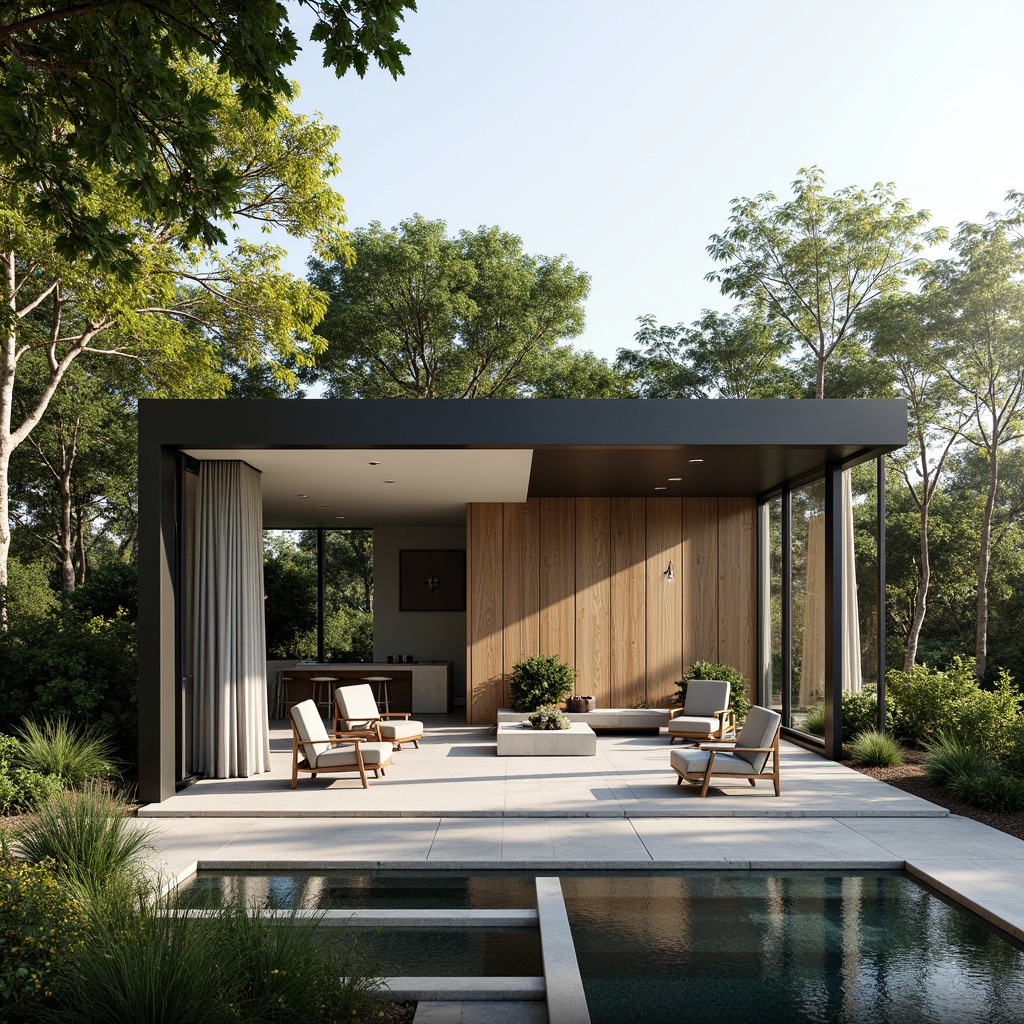 Prompt: Minimalist pavilion, open spatial concept, sleek steel frames, transparent glass walls, polished concrete floors, minimalist furniture, abundant natural light, airy atmosphere, lush greenery surroundings, modern landscaping, subtle water features, peaceful ambiance, warm sunny day, soft diffused lighting, shallow depth of field, 1/1 composition, realistic textures, ambient occlusion.