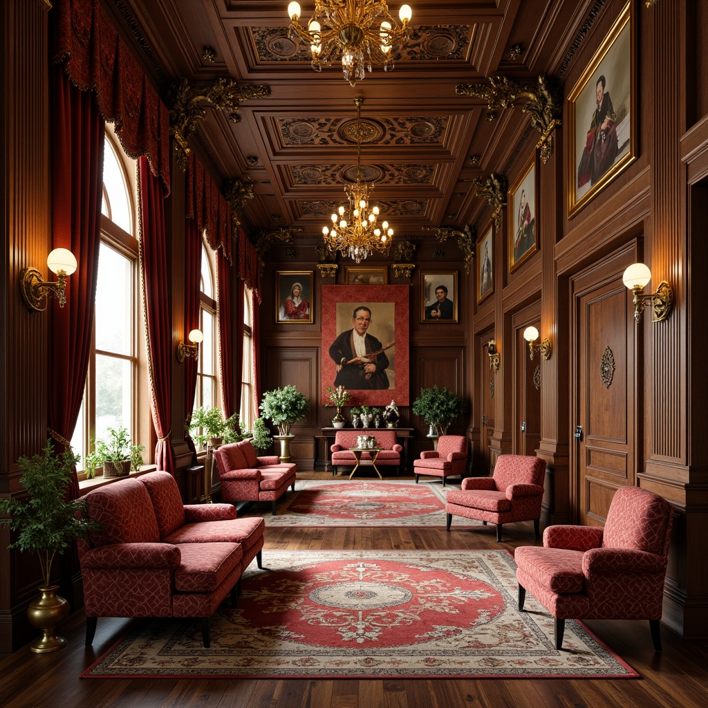 Prompt: Renaissance-inspired interior, ornate wooden furniture, intricately carved details, luxurious velvet upholstery, rich gold accents, classical motifs, symmetrical compositions, grand scale pieces, opulent drapery, lavish chandeliers, warm golden lighting, 3/4 perspective, shallow depth of field, realistic textures, ambient occlusion.