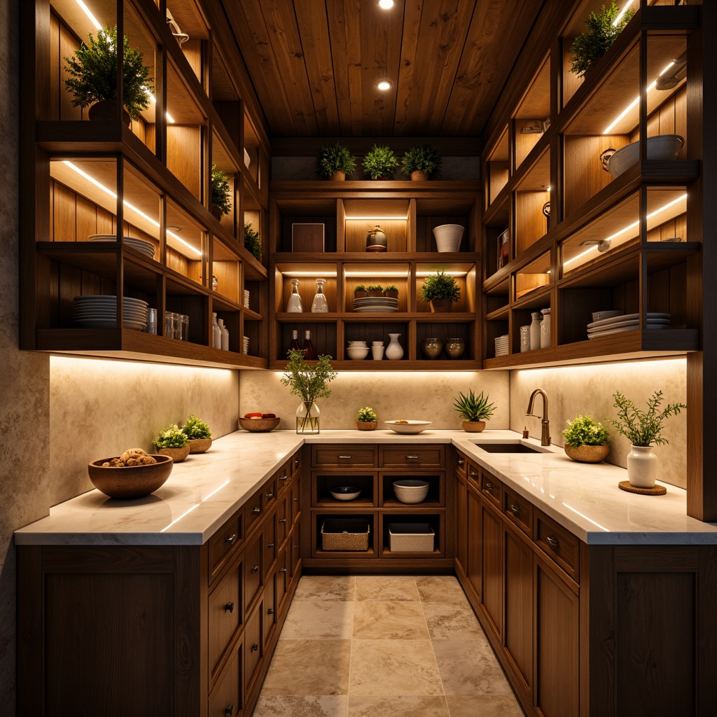 Prompt: Warm pantry interior, rustic wooden shelves, glass-front cabinets, marble countertops, soft warm lighting, pendant lights, under-cabinet lighting, recessed ceiling fixtures, LED strip lights, natural stone flooring, earthy color palette, cozy atmosphere, shallow depth of field, 1/1 composition, realistic textures, ambient occlusion.