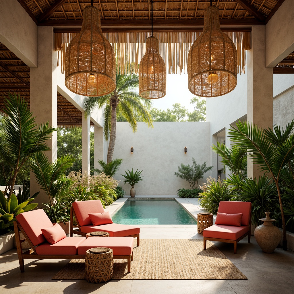 Prompt: Tropical ambiance, warm golden lighting, soft diffused glow, pendant lamps, woven rattan shades, natural fiber textiles, bamboo accents, exotic plants, palm fronds, driftwood decorations, ocean-inspired color palette, turquoise hues, coral pink tones, sunny day, warm white light, subtle shadows, ambient occlusion, 3/4 composition, panoramic view, realistic textures.