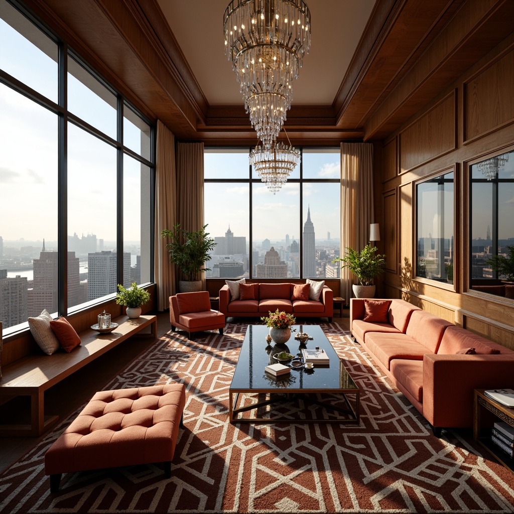 Prompt: Luxurious penthouse, opulent Art Deco style, lavish furnishings, velvet sofas, marble coffee tables, geometric patterned rugs, chrome-plated accents, crystal chandeliers, rich wood paneling, floor-to-ceiling windows, panoramic city views, morning sunlight, soft warm lighting, 1/1 composition, realistic reflections, ambient occlusion.