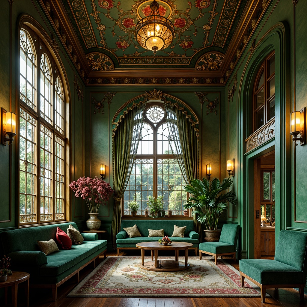 Prompt: Opulent Art Nouveau interior, rich jewel tones, emerald green walls, golden accents, intricate floral patterns, sinuous lines, organic forms, luxurious velvet fabrics, ornate metalwork, stained glass windows, warm candlelight, soft focus, shallow depth of field, 1/2 composition, romantic ambiance, vintage textures, subtle color gradations.