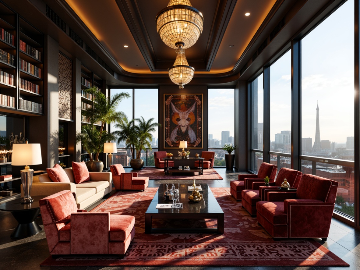 Prompt: Luxurious penthouse, opulent furnishings, rich velvet fabrics, metallic accents, geometric patterns, bold color schemes, ornate details, lavish chandeliers, marble floors, sleek chrome fixtures, modernist architecture, panoramic city views, floor-to-ceiling windows, high-gloss finishes, glamorous ambiance, dramatic lighting effects, luxurious textures, intricate mosaic tiles, bold Art Deco motifs.