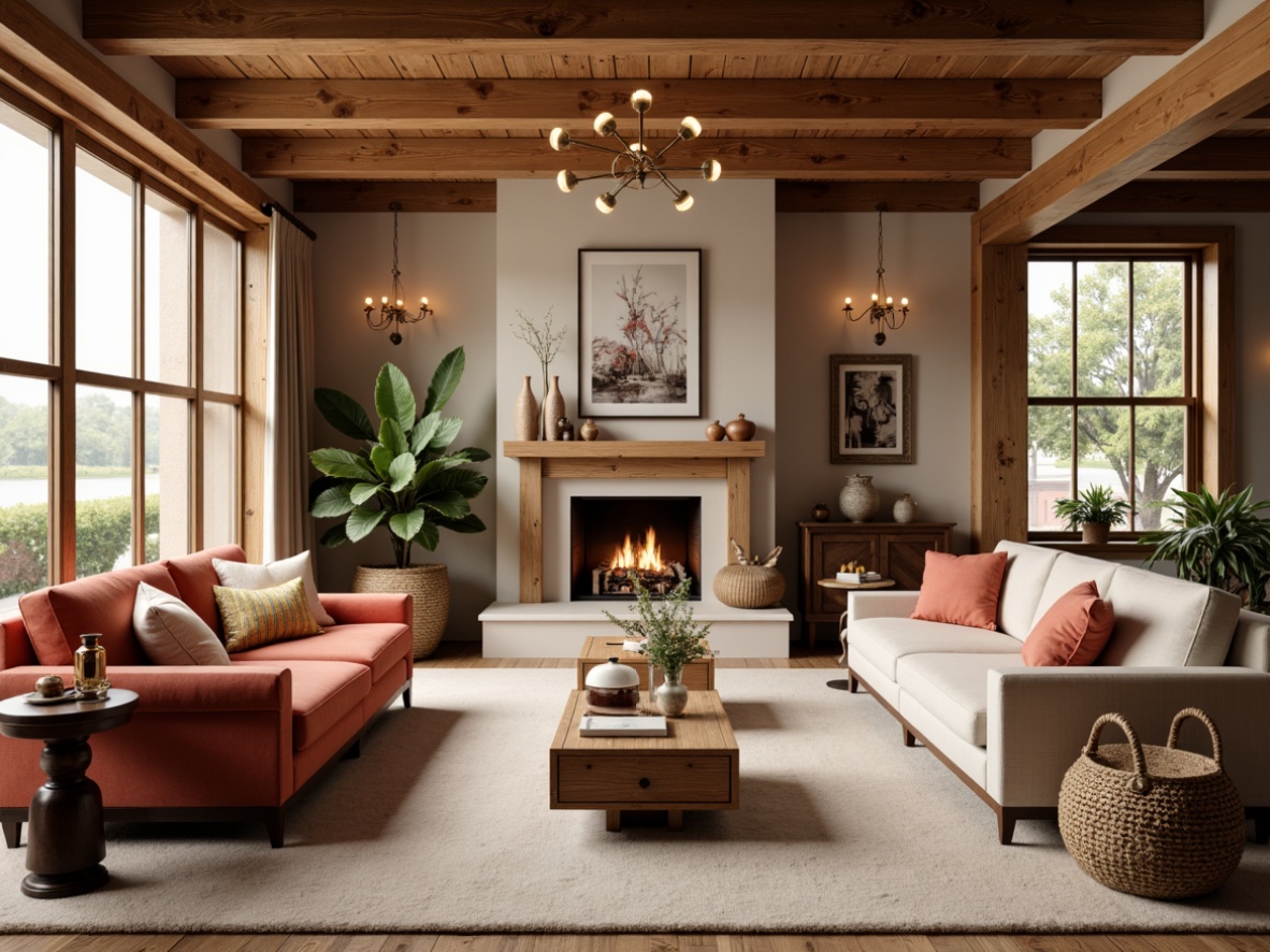 Prompt: Vibrant living room, rich wood accents, plush velvet furniture, warm beige walls, soft cream carpets, cozy throw blankets, natural stone fireplace, rustic wooden beams, elegant chandeliers, subtle sheen finishes, calming pastel hues, sophisticated neutral tones, ambient warm lighting, shallow depth of field, 1/1 composition, realistic textures, atmospheric rendering.