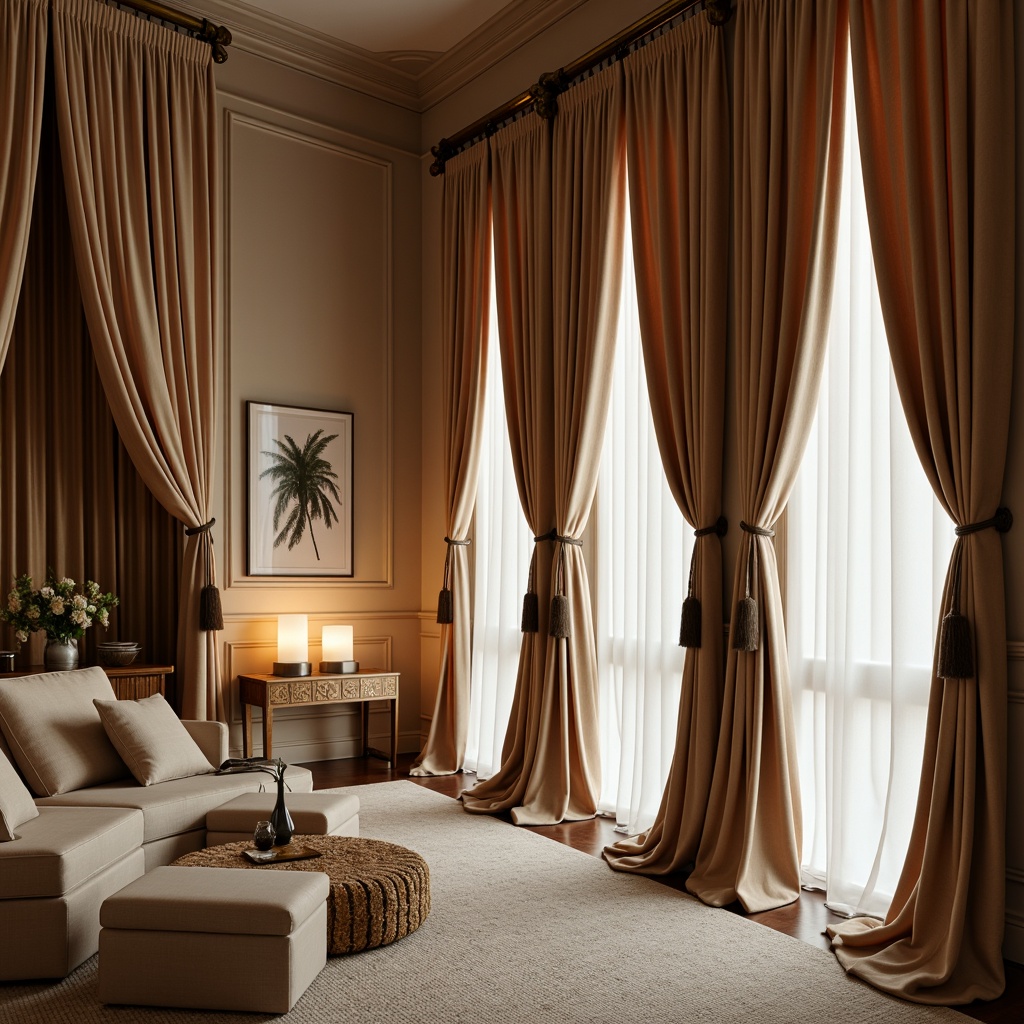 Prompt: Luxurious fabrics, flowing drapes, soft folds, elegant pleats, rich textures, warm lighting, cozy ambiance, intimate settings, floor-to-ceiling drapery, layered curtains, sheer panels, billowy valances, ornate tiebacks, tassel details, velvet materials, silk textures, linen weaves, natural fibers, subtle patterns, neutral tones, soft pastels, bold contrasts, dramatic flair, theatrical effects, 1/1 composition, shallow depth of field, warm color temperature, realistic renderings.