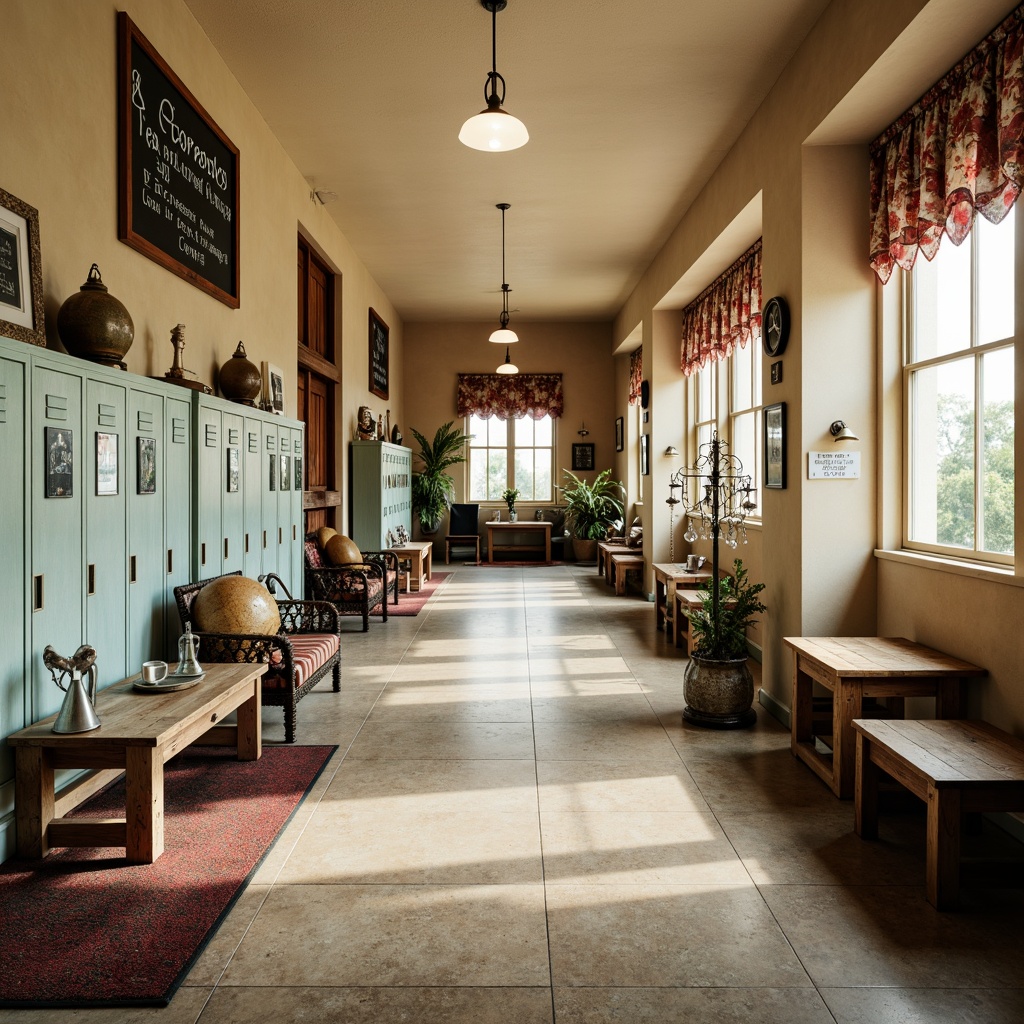 Prompt: Vintage-inspired middle school hallway, distressed wood lockers, ornate metal lanterns, soft pastel colors, worn wooden benches, faded chalkboard signs, eclectic mix of antique and modern furniture, rustic wooden tables, decorative vintage globes, elegant crystal chandeliers, plush area rugs, warm beige walls, natural light pouring through large windows, subtle texture overlays, 1/2 composition, relaxed atmosphere, soft focus, film grain effect.