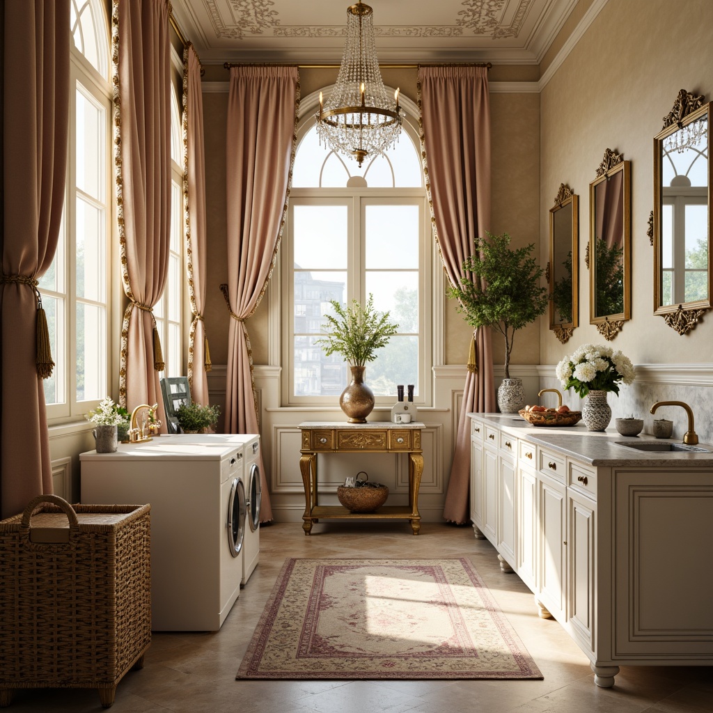 Prompt: Ornate laundry room, soft pastel colors, gilded accents, delicate carvings, intricately patterned rugs, velvet drapes, antique furniture pieces, distressed finishes, ornamental mirrors, crystal chandeliers, porcelain vases, floral arrangements, elegant cabinetry, marble countertops, luxurious fabrics, golden hardware, subtle lighting, warm beige walls, French-inspired decorative elements, opulent details, soft focus photography, shallow depth of field, 1/1 composition, romantic ambiance.