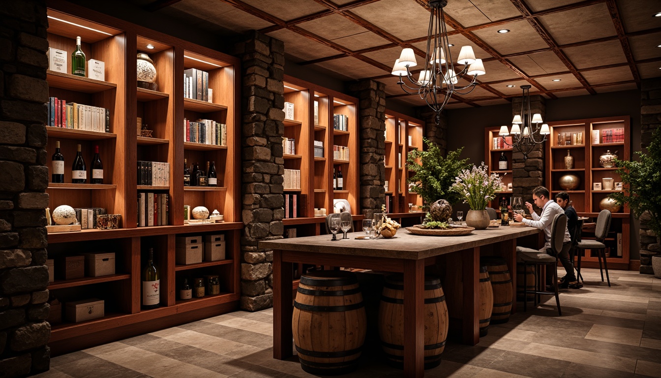 Prompt: Luxurious wine cellar, rich wood tones, warm earthy colors, dark stone walls, elegant chandeliers, soft dim lighting, intimate ambiance, vintage wine barrels, rustic wooden crates, leather-bound wine books, ornate metal racks, sophisticated color scheme, deep reds, burgundy hues, golden accents, creamy whites, rich browns, subtle textures, dramatic shadows, low-key illumination, atmospheric misting effect.