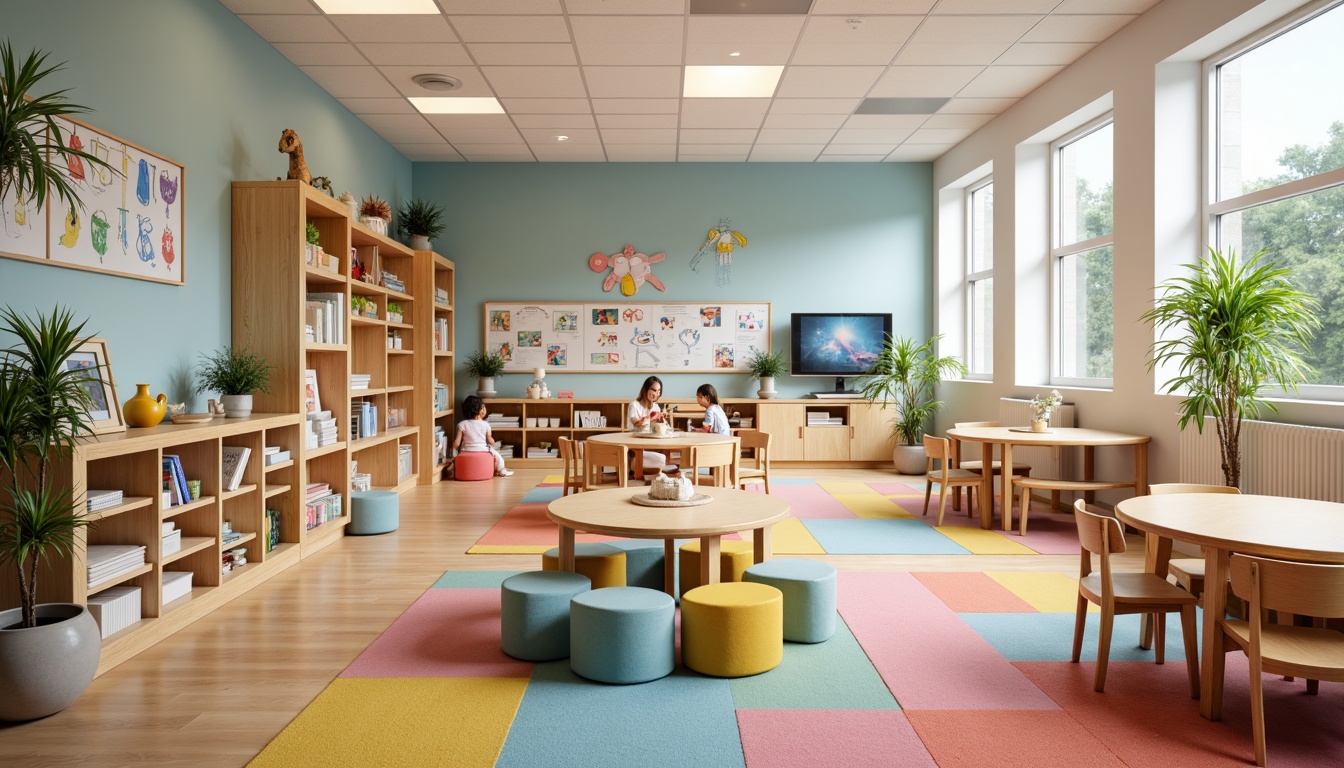 Prompt: Vibrant kindergarten classroom, soft pastel colors, rounded wooden tables, ergonomic chairs, colorful rug patterns, interactive play stations, educational wall displays, cozy reading nooks, natural wood accents, playful lighting fixtures, whimsical decorative elements, comfortable cushions, flexible seating arrangements, collaborative workspaces, accessible storage units, durable materials, easy-to-clean surfaces, gentle color scheme, 1/2 composition, soft focus, warm ambient lighting.