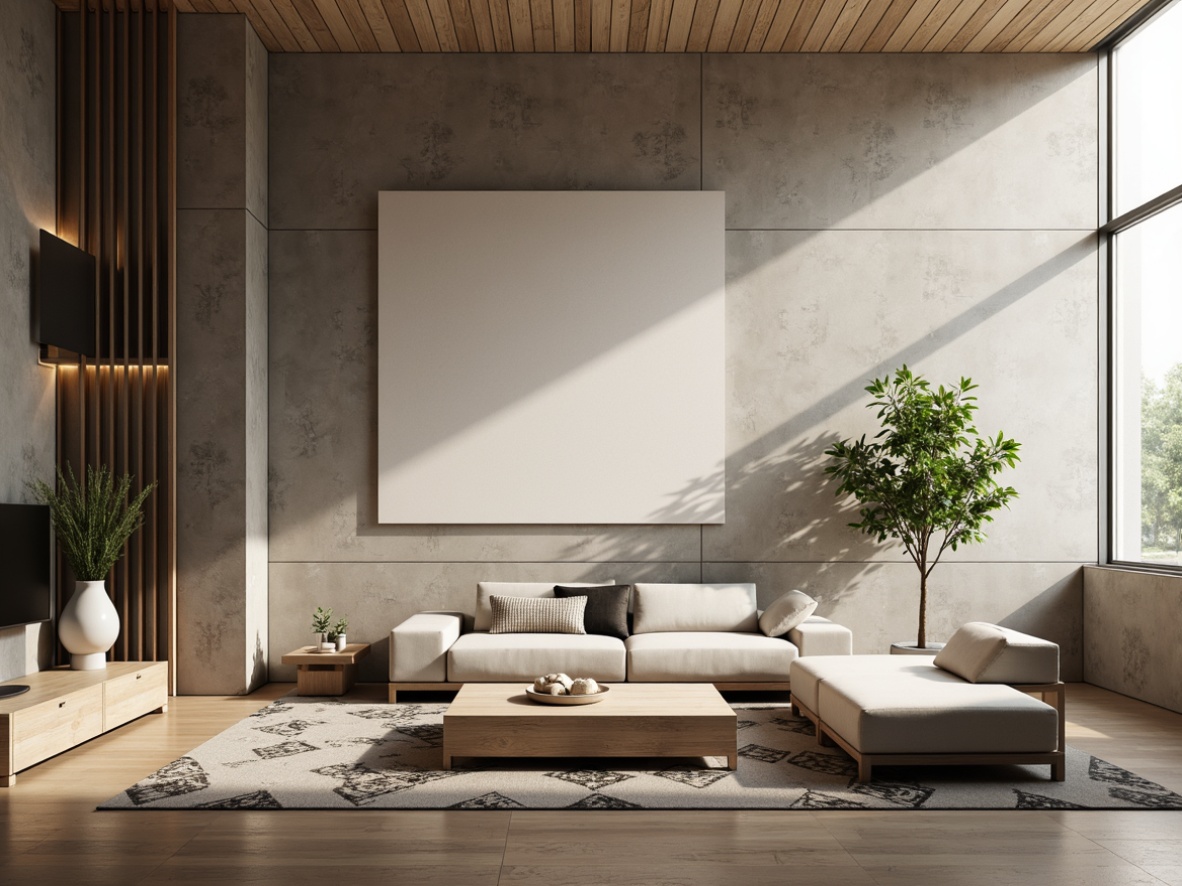 Prompt: Minimalist living room, monochromatic color scheme, textured concrete walls, sleek wooden floors, industrial metal accents, geometric patterned rugs, low-profile furniture, subtle ambient lighting, softbox shadows, 1/1 composition, cinematic camera angle, realistic material textures, atmospheric fog effect, natural stone decorative elements, plants with simple pottery, warm beige tones, gentle morning light, shallow depth of field.