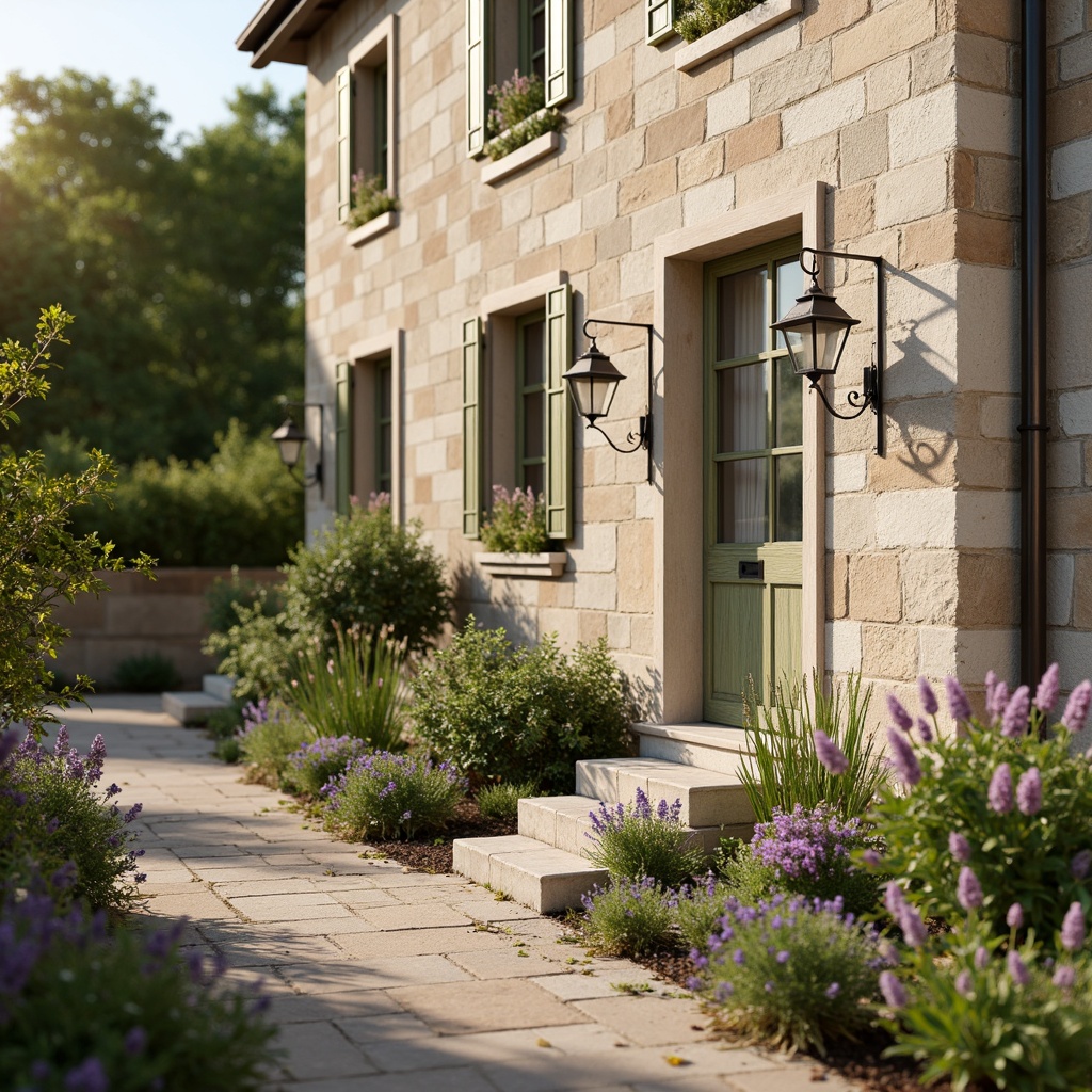 Prompt: Rustic French country cottage, soft warm beige, creamy whites, earthy terracotta, muted sage greens, weathered wood accents, distressed stone walls, charming shutters, flower-filled window boxes, vintage metal lanterns, ornate ironwork, lush greenery, blooming lavender, sunny day, warm golden lighting, shallow depth of field, 3/4 composition, soft focus, realistic textures, ambient occlusion.